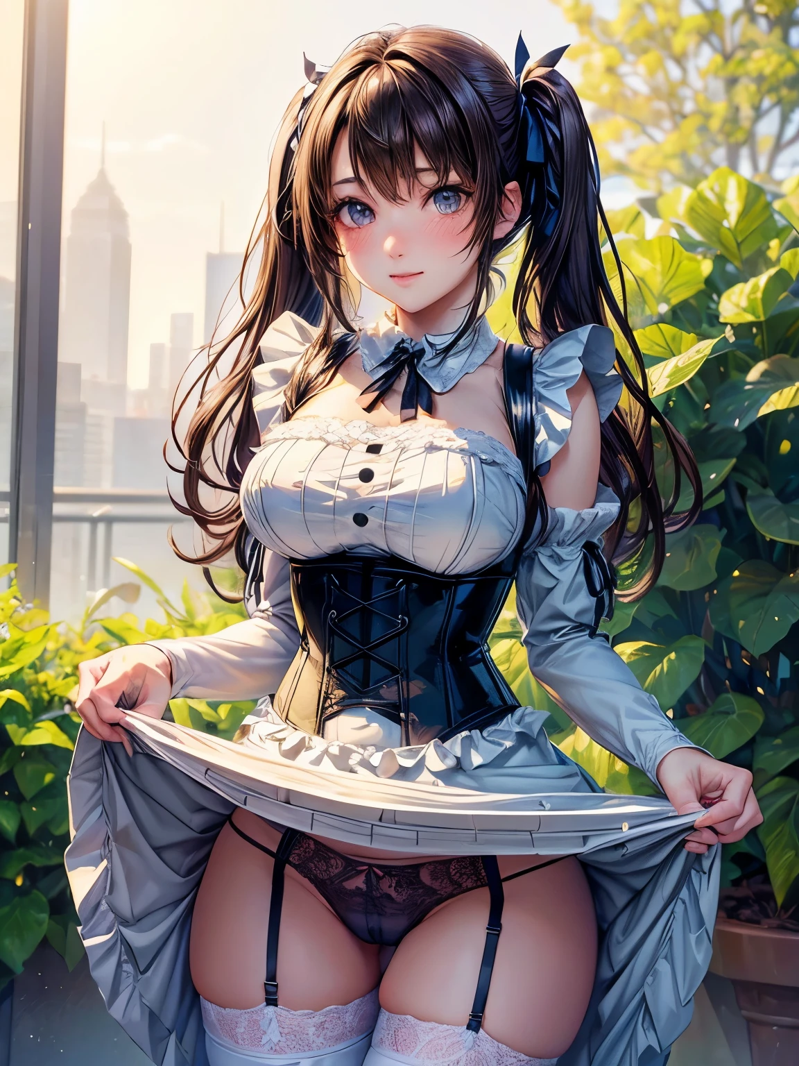 ((highest quality, High resolution, Perfect Pixel, 4K))), 1 female, Beautiful woman、I could see the whole body、apartment、 ((Twin tails, bangs, Brown Hair)), ((Brown eyes, Beautiful eyelashes, Realistic eyes)), ((Detailed face, blush:1.2))、((Smooth texture:0.75, Realistic texture:0.65, Realistic:1.1, Anime CG Style)), Beautiful Anime Women, Beautiful art style, Anime characters,Beautiful and big breasts, Perfect body, Slender body, Beautiful thighs, (Erect nipples:0.95), )((black and white maid outfit、corset、ribbon on collar、Long skirt、garter belt、Knee socks)), Embarrassed smile、Kneel with your knees closed、(Skirt flip:1.2), (Stylish white satin lace panties:1.3), diagonal side angle, Dynamic Angle