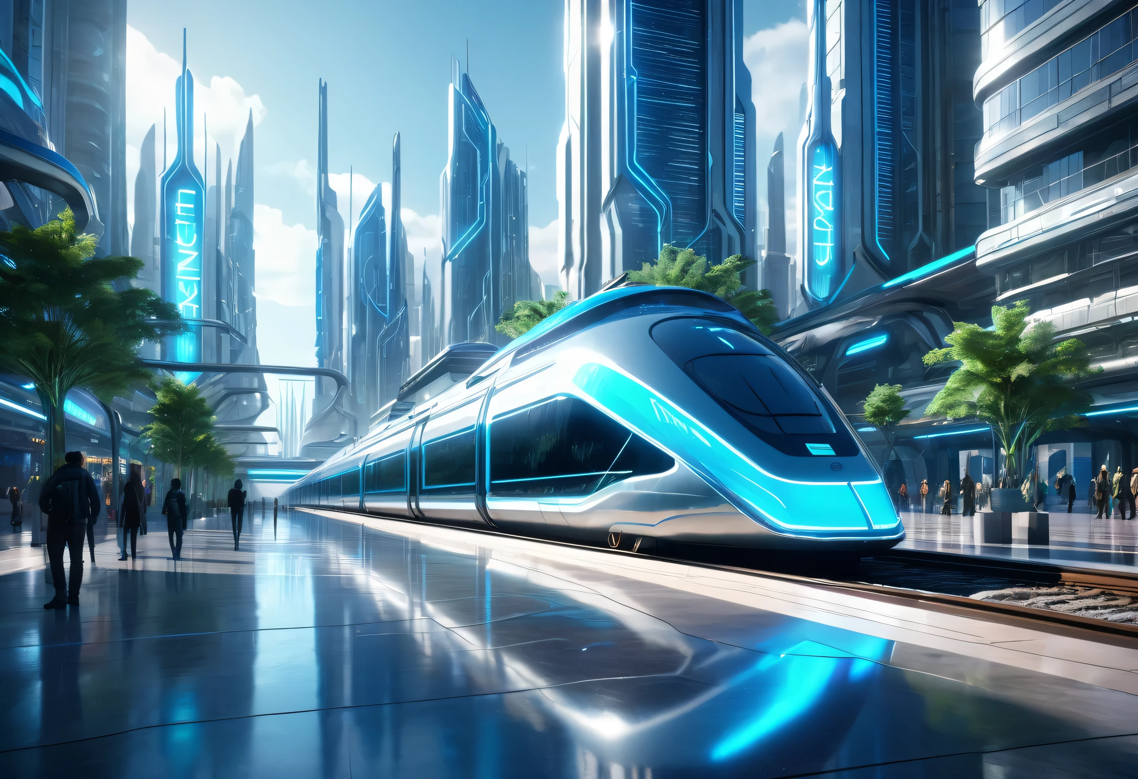 Future, daylight, a futuristic crystal city square.Clean energy,Green environmental protection. A futuristic fast train with blue neon lights is floating above the ground.Fantasy and sci-fi city,8K resolution, cinematic. photorealistic