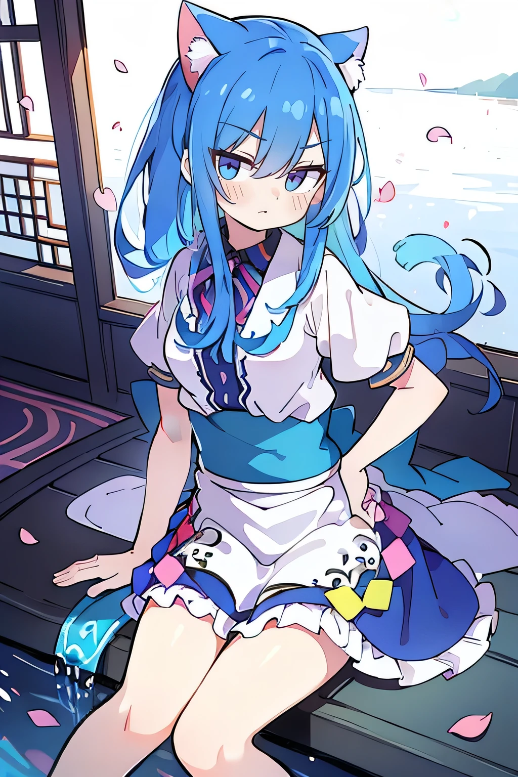 (masterpiece:1.2),ultra-detailed,realistic,expressive eyes,fair-skinned,perfectly shaped face,1girl,
Japanese cartoons,Gorgeous blue hair, flowing blue hair,floating clothes,cat ears,petals falling,beautiful Lola,Hina Angel,
hands on waist,gracefully sitting on the ground,legs crossed,gentle and serene background,cool and comfortable pavilion,night ,