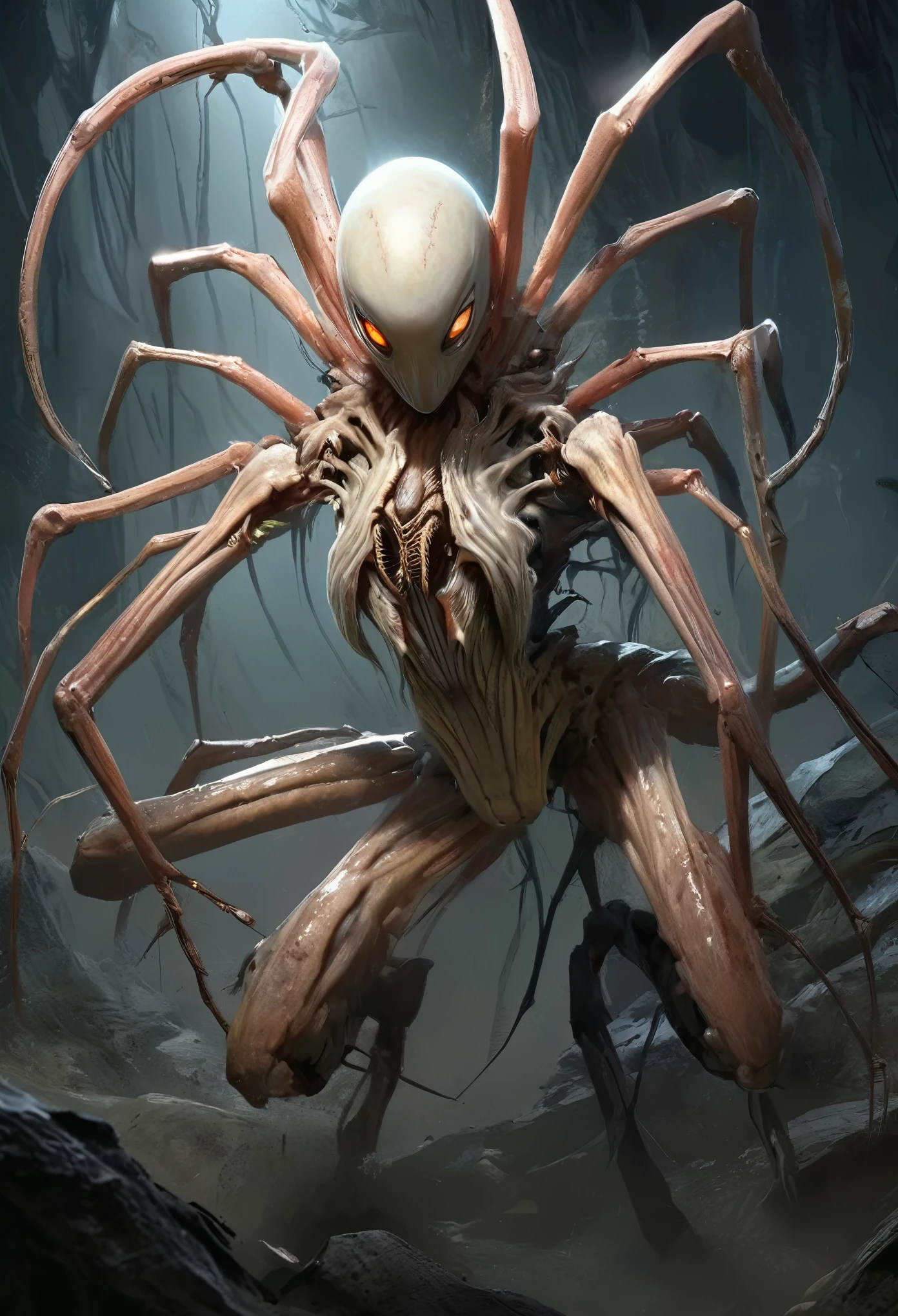 best quality,4k,8k,highres,masterpiece:1.2),ultra-detailed,realistic,photorealistic:1.37,this creature, a terrifying fusion of spider and human female with six arms, embodies a grotesque harmony of two distinct forms. Its upper body retains the unmistakable features of a woman, albeit distorted by the merging process. its eyes gleam with a sinister intelligence, more arachnid than human. (no hair, white skin:1.3),

From the torso sprout four additional limbs, elongated and jointed like a spider's, yet retaining a disturbingly human fleshiness. These arms are equipped with fingers that end in sharp, chitinous claws, capable of rending flesh with ease.

The lower body is a fusion of spider and human anatomy, with the abdomen stretching out behind like that of a monstrous arachnid. Jagged spines protrude from its exoskeleton, each one a reminder of its unnatural origins. The legs, a grotesque combination of human thighs and spider's hairy appendages, provide both agility and strength, enabling it to skitter across surfaces with alarming speed and grace.

In its presence, one cannot help but feel a primal fear, as if staring into the abyss where human and arachnid merge to create a nightmare incarnate.