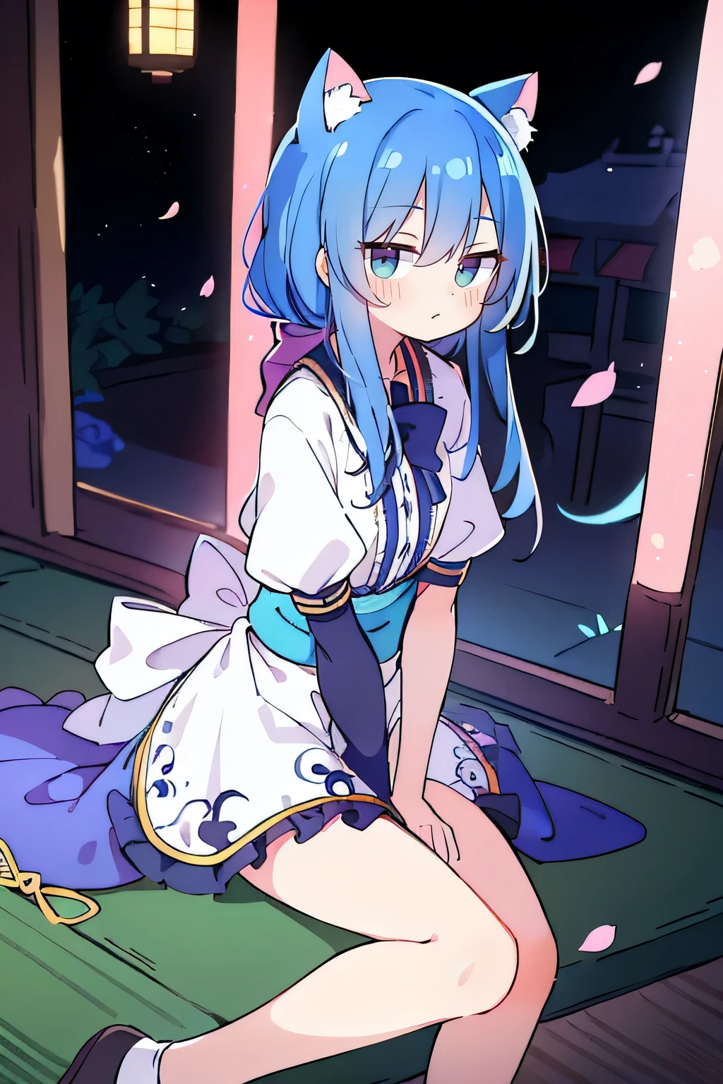 (masterpiece:1.2),ultra-detailed,realistic,expressive eyes,fair-skinned,perfectly shaped face,1girl,
Japanese cartoons,Gorgeous blue hair, flowing blue hair,floating clothes,cat ears,petals falling,beautiful Lola,Hina Angel,
hands on waist,gracefully sitting on the ground,legs crossed,gentle and serene background,cool and comfortable pavilion,night ,