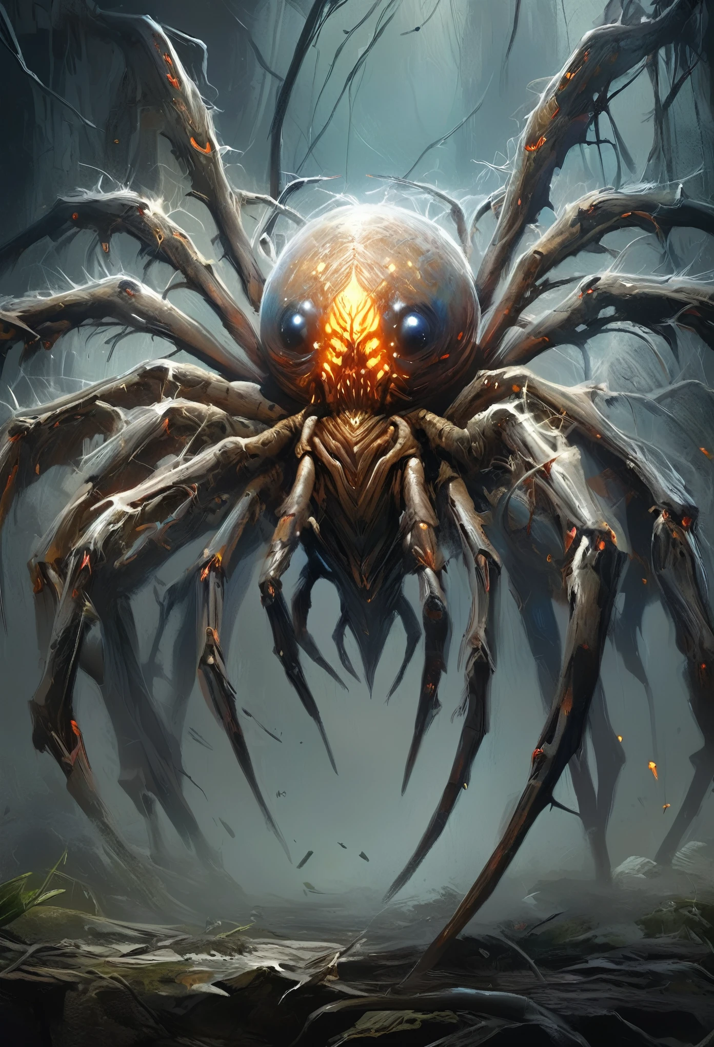 best quality,4k,8k,highres,masterpiece:1.2),ultra-detailed,realistic,photorealistic:1.37,this creature, a terrifying fusion of spider and human female with six arms, embodies a grotesque harmony of two distinct forms. Its upper body retains the unmistakable features of a woman, albeit distorted by the merging process. its eyes gleam with a sinister intelligence, more arachnid than human. (no hair, white skin:1.3),

From the torso sprout four additional limbs, elongated and jointed like a spider's, yet retaining a disturbingly human fleshiness. These arms are equipped with fingers that end in sharp, chitinous claws, capable of rending flesh with ease.

The lower body is a fusion of spider and human anatomy, with the abdomen stretching out behind like that of a monstrous arachnid. Jagged spines protrude from its exoskeleton, each one a reminder of its unnatural origins. The legs, a grotesque combination of human thighs and spider's hairy appendages, provide both agility and strength, enabling it to skitter across surfaces with alarming speed and grace.

In its presence, one cannot help but feel a primal fear, as if staring into the abyss where human and arachnid merge to create a nightmare incarnate.