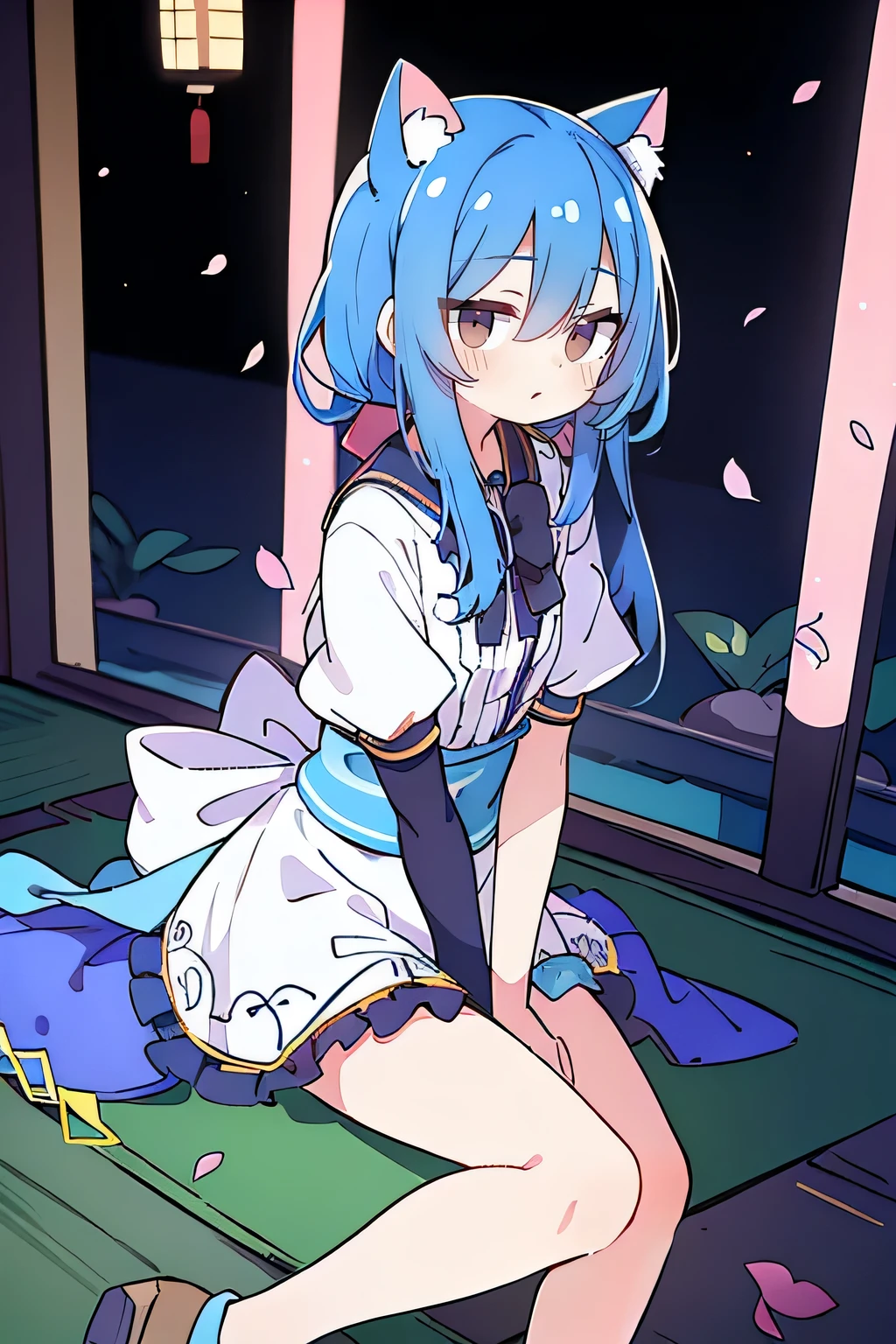 (masterpiece:1.2),ultra-detailed,realistic,expressive eyes,fair-skinned,perfectly shaped face,1girl,
Japanese cartoons,Gorgeous blue hair, flowing blue hair,floating clothes,cat ears,petals falling,beautiful Lola,Hina Angel,
hands on waist,gracefully sitting on the ground,legs crossed,gentle and serene background,cool and comfortable pavilion,night ,