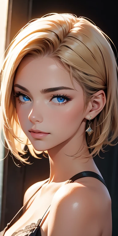 portrait, realistic, elegant mature woman, blue eyes, brown blonde hair, swept-side bang, 4k resolution, high quality cg, beautiful cg, soft light