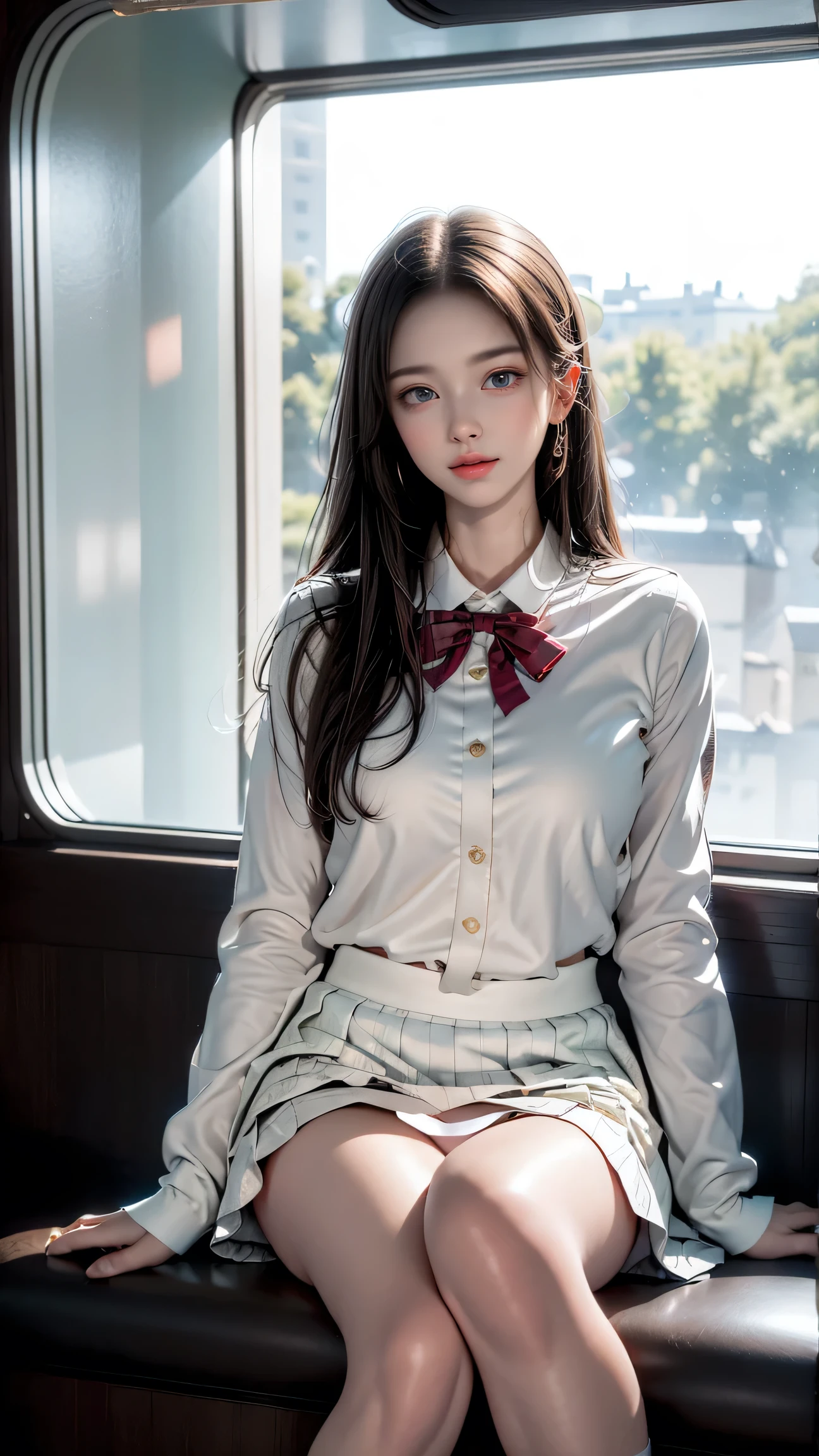 (Girl sitting on train seat)、Top quality work,Actual work,Ultra Premium Graphics,8K HD CG works,High quality graphics,High-definition CG works,10x pixels,Extremely fine detail:1.1,Advanced Technical Details:1.1 Photorealistic,Indoor lighting effects:1.5,Natural light:1.5. Light effects(virtual Light effects:1.8),長いSilver Hair,Silver Hair,Transparent Hair,Hair with attention to detail(Premium Hair Detail:1.1)Clear Eyes,Beautiful double eyelids,Sharp eye makeup, Delicate eyelash makeup, Thin eyebrows, Highly detailed eyes,High nose, Nice red lips, Rose Cheeks, A face with subtle makeup , Cute face, perfectly balanced face,(Advanced Face Detail:1.1),girl in school uniform, See-through,Foggy Room,Like a fairy in a painting,Slim sexy legs,A beautiful face is beautiful and delicate,Like a finely carved piece of jade、The waves in my eyes are like twinkling stars,Show the light of patience and wisdom。The bridge of the nose is straight,Cherry lip color, her face is clear,Her skin is as white as jade,Gives a healthy glow,Her makeup is light and subtle.,Not too decorative,A light-toned foundation enhances the clarity of your skin.,Eye makeup: eyeshadow and eyeliner,Make her eyes brighter and more cheerful、Add a touch of glamour and sophistication,(white blazer emblem on chest),(White blouse)、(Red bow tie),(Checked Skirt),(White panties are visible)、Swaying with her movements。Her hair is casually tied back,Fix with hosta,A few strands of hair are swaying gently in the wind,Add a little softness、Charmed everyone'Note、Grace、mystery、full of power,(White panties are visible),(Lift-up skirt)