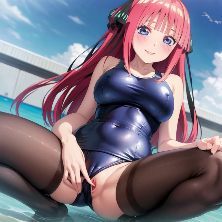 best quality, ultra-detailed masterpiece, anime art style, cute characters, nino nakano, one-piece swimsuit, large breasts, pantyhose, blush, smile, pussy focus