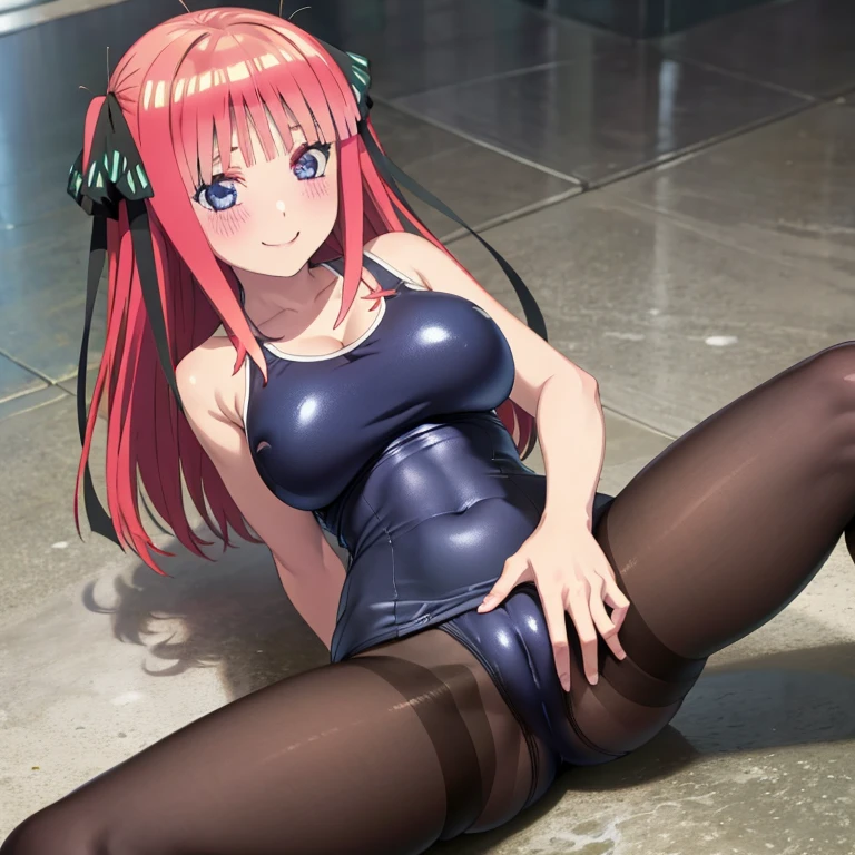 best quality, ultra-detailed masterpiece, anime art style, cute characters, nino nakano, one-piece swimsuit, large breasts, pantyhose, blush, smile, pussy focus