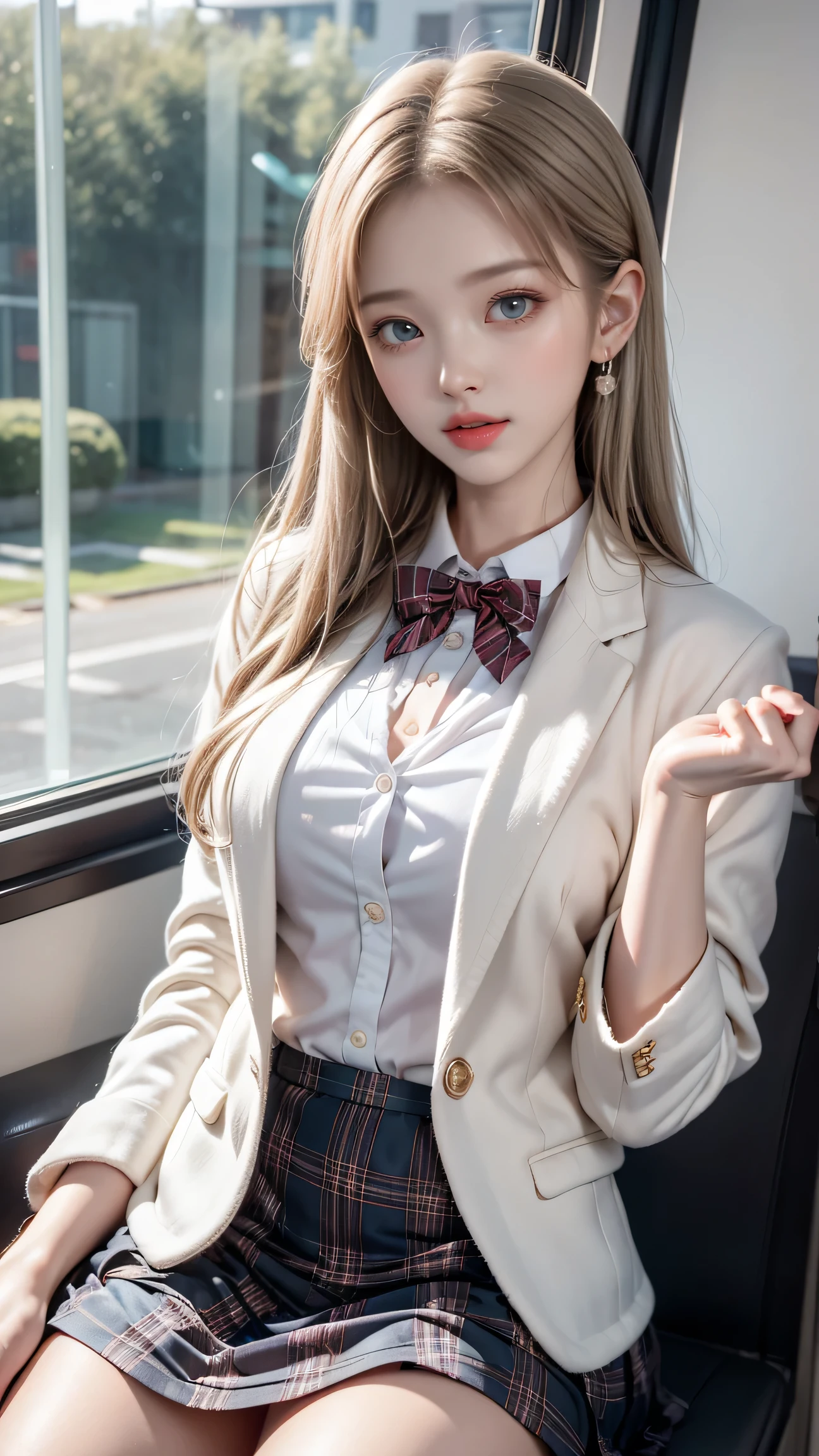 top quality work，Actual work，Ultra Premium Graphics，8K HD CG works，High quality graphics，High-definition CG works，10x pixels，Extremely fine detail：1.1，Advanced Technical Details：1.1 Photorealistic，((Girl sitting cross-legged on the stairs))Natural light：1.5. Light effects（virtual Light effects：1.8），wet long silver hair，Silver Hair，Transparent Hair，Hair with attention to detail（premium hair detail：1.1）Clear Eyes，Beautiful double eyelids，Sharp eye makeup, Delicate eyelash makeup, Thin eyebrows, Highly detailed eyes，High nose, Nice red lips, Rose Cheeks, A face with delicate makeup , Cute face, perfectly balanced face,（Advanced Face Detail：1.1），Shiny，wonderful dress，bright red series，((Front open wet white blazer)) 、(translucent wet white blouse)、(Red bow tie)、(Wet Check Skirt)、、girl 、photo shoot，woman&#39;artwork of，Full body portrait，realism，wonderful，My eyes are shining today、(8. She&#39;s Wet)),(Sudden rain、Wind),(My skirt flies up in the wind),(I can see your pants)、