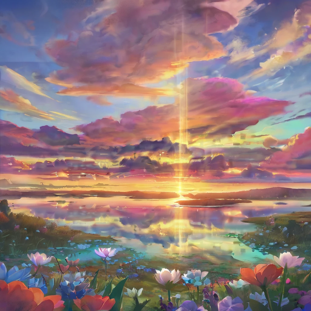 Colorful,Dreamy landscape, cloud, light piercing through the cloud, Reflection on the surface of the water, Calm spring,flower々,Quiet atmosphere, Richness in details, Surreal beauty, Magical Aura, Fantasy Landscape, High quality digital art, Vibrant colors, Fantastic lighting, Enchanting atmosphere, artistic expression, Otherworldly feeling, Beautiful brushwork, Surrealism, Photorealistic elements, Magnificent View, Peaceful tranquility, Immersive Experience, Breathtaking views, Picturesque views, Mysterious charm, Mysterious atmosphere, Nuances, A magical dream.