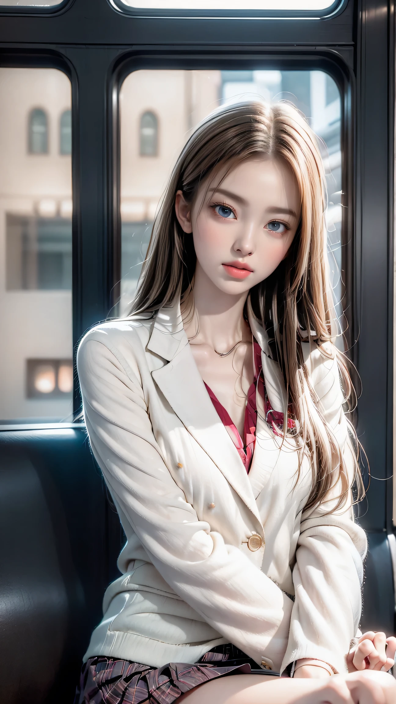 (Girl sitting on train seat)、Top quality work,Actual work,Ultra Premium Graphics,8K HD CG works,High quality graphics,High-definition CG works,10x pixels,Extremely fine detail:1.1,Advanced Technical Details:1.1 Photorealistic,Indoor lighting effects:1.5,Natural light:1.5. Light effects(virtual Light effects:1.8),長いSilver Hair,Silver Hair,Transparent Hair,Hair with attention to detail(Premium Hair Detail:1.1)Clear Eyes,Beautiful double eyelids,Sharp eye makeup, Delicate eyelash makeup, Thin eyebrows, Highly detailed eyes,High nose, Nice red lips, Rose Cheeks, A face with subtle makeup , Cute face, perfectly balanced face,(Advanced Face Detail:1.1),(girl in school uniform),Like a fairy in a painting,Slim sexy legs,A beautiful face is beautiful and delicate,Like a finely carved piece of jade、The waves in my eyes are like twinkling stars,Show the light of patience and wisdom。The bridge of the nose is straight,Cherry lip color, her face is clear,Her skin is as white as jade,Gives a healthy glow,Her makeup is light and subtle.,Not too decorative,A light-toned foundation enhances the clarity of your skin.,Eye makeup: eyeshadow and eyeliner,Make her eyes brighter and more cheerful、Add a touch of glamour and sophistication,(white blazer emblem on chest),(White blouse)、(Red bow tie),(Checked Skirt),(White panties are visible)、Swaying with her movements。Her hair is casually tied back,Fix with hosta,A few strands of hair are swaying gently in the wind,Add a little softness、Charmed everyone'Note、Grace、mystery、full of power,(White panties are visible),(Lift-up skirt)