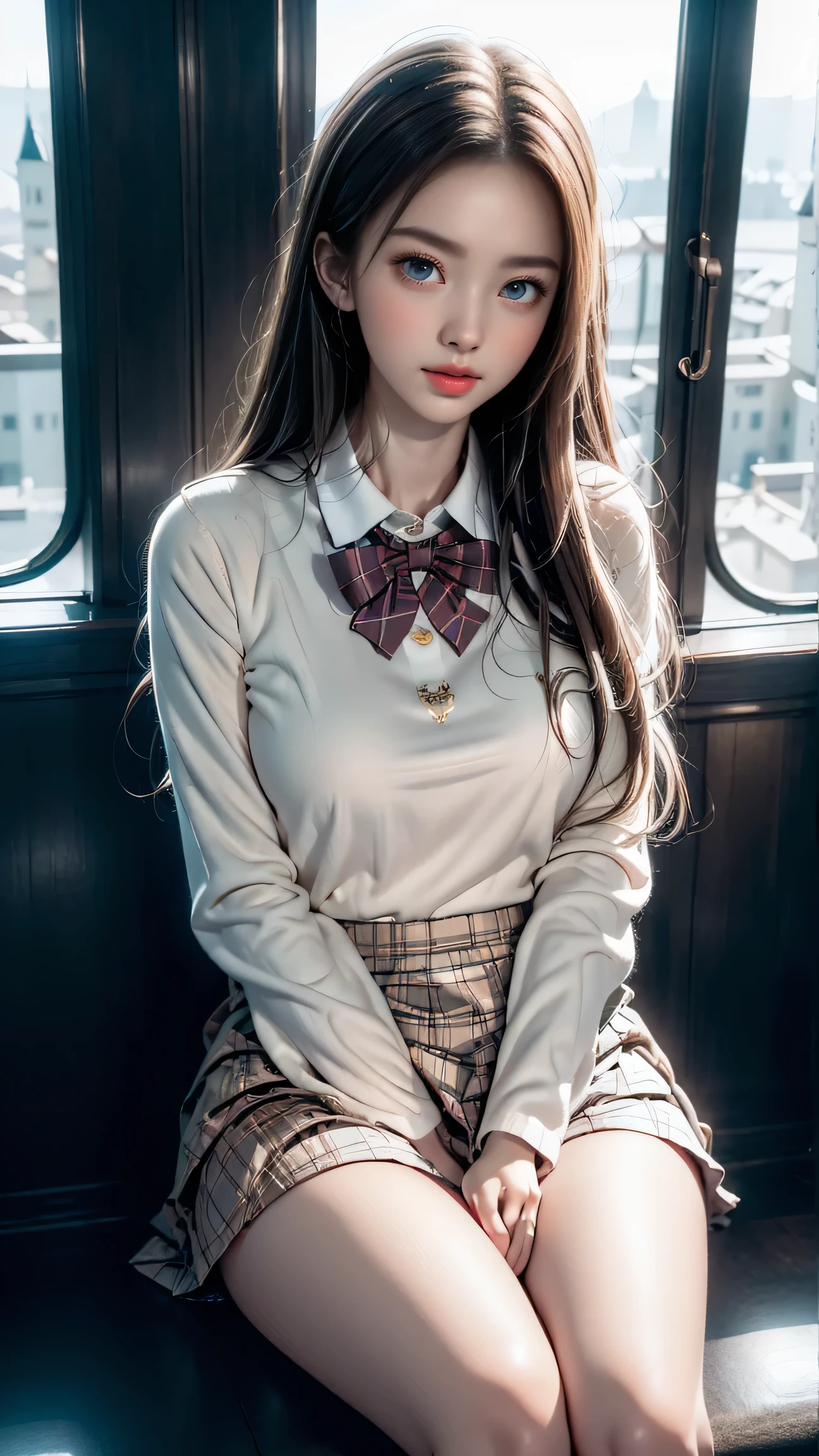 Masterpiece, top quality, 1 person, ((contrasting eyes)), (sleeping on side), from the front, blouse, skirt
