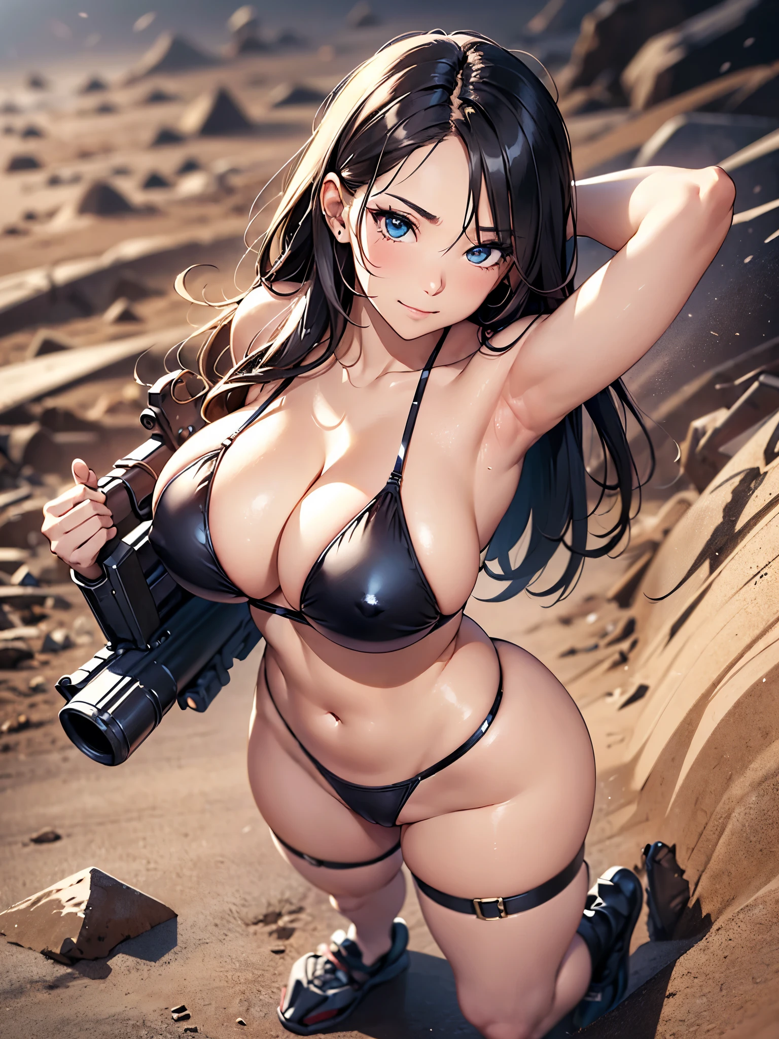 ((1 lady))、((Combative posing:1.5)), ((fighting stance:1.2))、((dynamism:1.3))、((dynamic angle:1.2))、((Hover effect:1.4))、from above、ultra-detailliert, Top image quality, digitial illustration, Seductive Anime Girl, Glossy realistic skin texture、Meticulously drawn hair, Meticulously drawn eye, Sharp Focus, Precise human body structure、Smooth texture、((Holding a big Heavy artillery:1.4, armament:1.3))、((bazooka and gatling gun and rocket launcher))、((Being in battle field:1.4))、((seductive smile))、((latex micro bikini:1.3 crop top:1.3))、((sleeveless))、((collarless))、((cleavage:1.3))、((crop top navel))、((highleg:1.3))、((huge breasts:1.4))、((huge hip:1.3))、((thick thighs))、curvy、((collarbone))、((cameltoe))、full body
