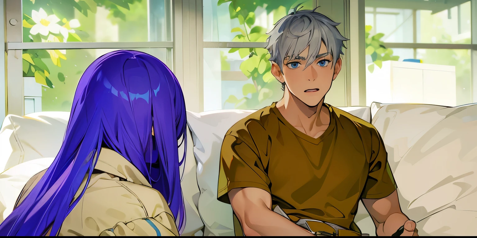 estilo anime 2d, There is a woman with gray hair, her back is turned, and a 16-year-old boy with gray hair, blue eyes, is talking, he is sad.