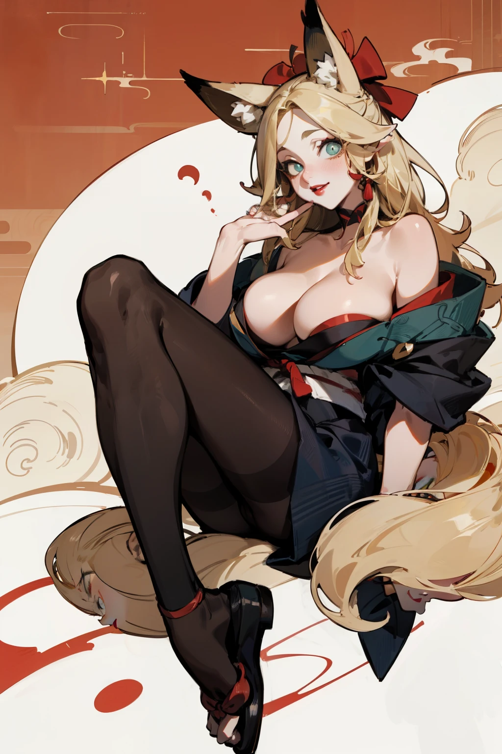 (Fox ears), Exquisite eyes, blond,Facial details, Red Eyeshadow, red lips, Fake laugh, Ukiyo-e, masterpiece, high quality, at the lowest limit, Large Breasts,Black pantyhose,solo