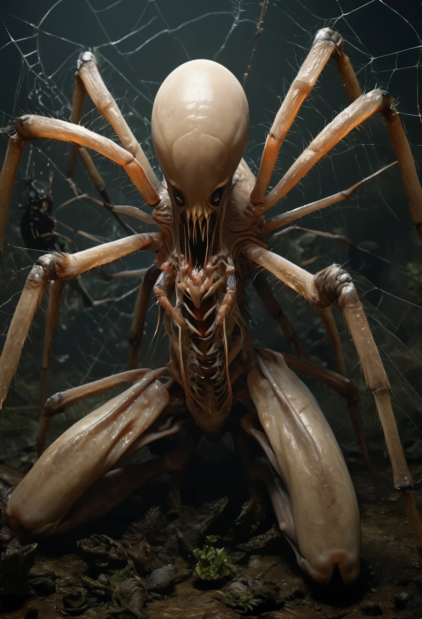 best quality,4k,8k,highres,masterpiece:1.2),ultra-detailed,realistic,photorealistic:1.37,this creature, a terrifying fusion of spider and human female with six arms, embodies a grotesque harmony of two distinct forms. Its upper body retains the unmistakable features of a woman, albeit distorted by the merging process. its eyes gleam with a sinister intelligence, more arachnid than human. (no hair, white skin:1.3),

From the torso sprout four additional limbs, elongated and jointed like a spider's, yet retaining a disturbingly human fleshiness. These arms are equipped with fingers that end in sharp, chitinous claws, capable of rending flesh with ease.

The lower body is a fusion of spider and human anatomy, with the abdomen stretching out behind like that of a monstrous arachnid. Jagged spines protrude from its exoskeleton, each one a reminder of its unnatural origins. The legs, a grotesque combination of human thighs and spider's hairy appendages, provide both agility and strength, enabling it to skitter across surfaces with alarming speed and grace.

In its presence, one cannot help but feel a primal fear, as if staring into the abyss where human and arachnid merge to create a nightmare incarnate.