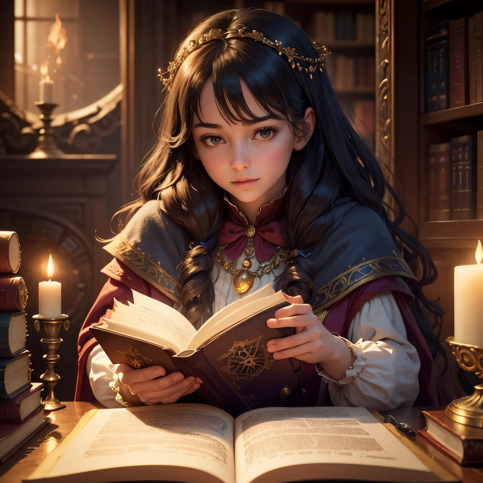 (best quality, 4k, 8k, highres, masterpiece:1.2), ultra-detailed, (realistic, photorealistic, photo-realistic:1.37), libraries of the mages, enchanted atmosphere, magical books, glowing orbs, flickering candlelight, ancient manuscripts, dusty tomes, curved wooden bookshelves, cobweb-covered corners, mysterious scrolls, spellbinding potions, and inclining rows of books, antique furniture, holographic projections of arcane knowledge, hidden doorways, whispering voices, shimmering portals, golden incense, stacks of mystical artifacts, secret compartments, crystals radiating mystical energy, whimsical tapestries, manuscripts written in mystic languages, the scent of ancient parchment, magical atmosphere, Astral Plane paintings, enchanted quills, scarlet velvet curtains, curiosities from distant lands, dark corners illuminated by glowing crystals, the sound of turning pages, piles of tomes that seem to have a life of their own, secret codes and hidden messages, crackling fireplaces, spells cast on parchment, one-of-a-kind spellbooks, enchanted ink and quills.