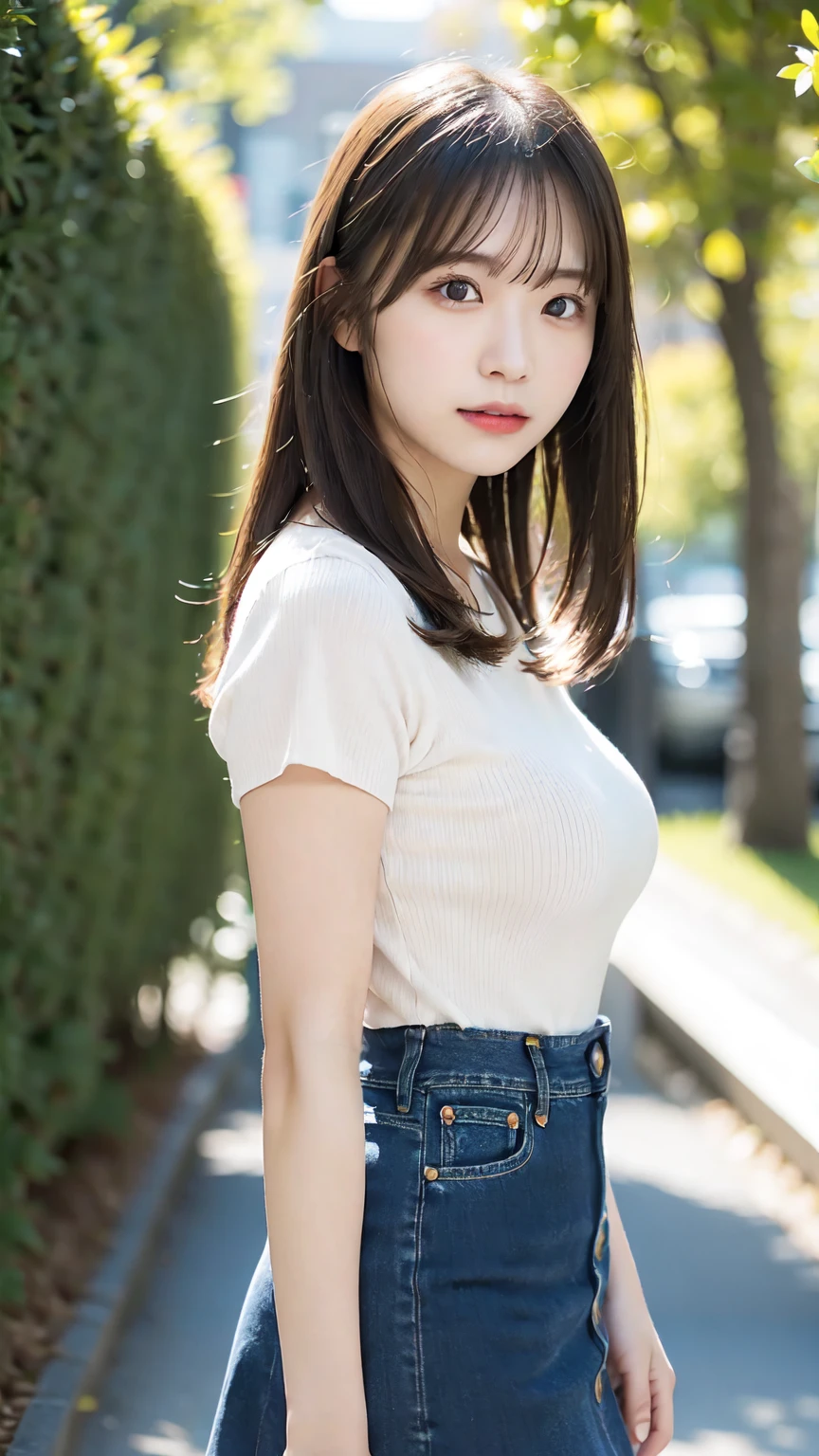The cutest gravure idol pose in the world、Perfect proportions、Large Breasts, valley, cute、((18-year-old female:1.2))、Young and adorable Japanese face,Official Art,Highly detailed CG Unity 8k wallpaper,(masterpiece:1.0),(highest quality:1.0), 超A high resolution,4k,Very detailed, photo shoot, 8K, nffsw, High resolution, Kodak Portrait 400, Film Grain, Lens Flare Glow,高いest quality,8K,nffsw:1.2),Portrait Shot,8K、Take a walk with friends。Denim skirt