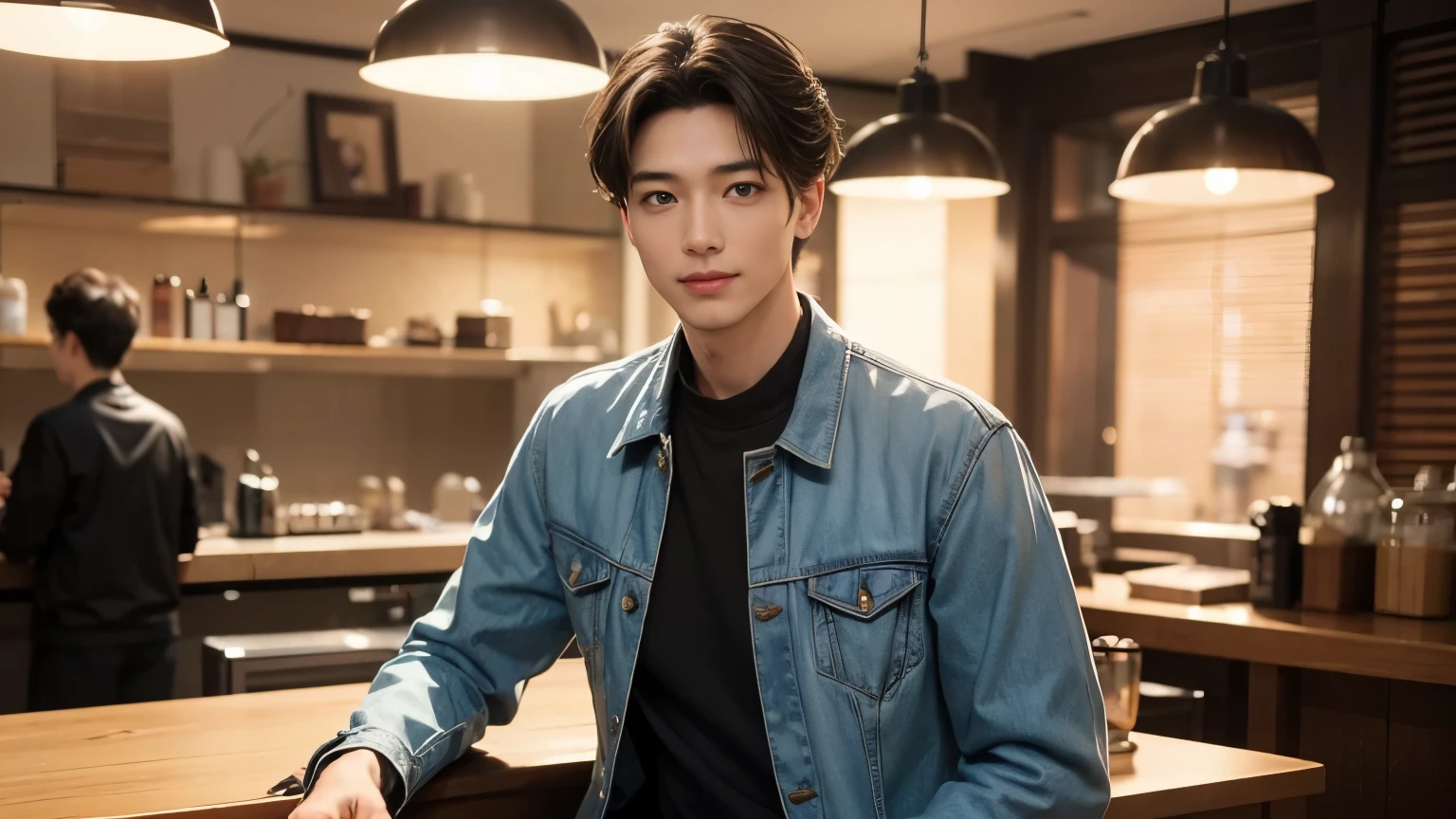 super high quality, Slender, The staff is working at the counter in the back., (8k、RAW Photos、highest quality、masterpiece:1.2), (Realistic、Photorealistic:1.37), Beautiful Face , Mesh Hair, Golden Ratio, Raw photo, Light Brown Hair, Blurred Background, Spring Clothes, Cafe with a calm atmosphere, Well-designed furniture, Handsome S-class boys, Super cool S-class boys, Handsome guy, Loose Palmer, Beautiful hairstyle, Jacket, A kind smile, 40 years old,