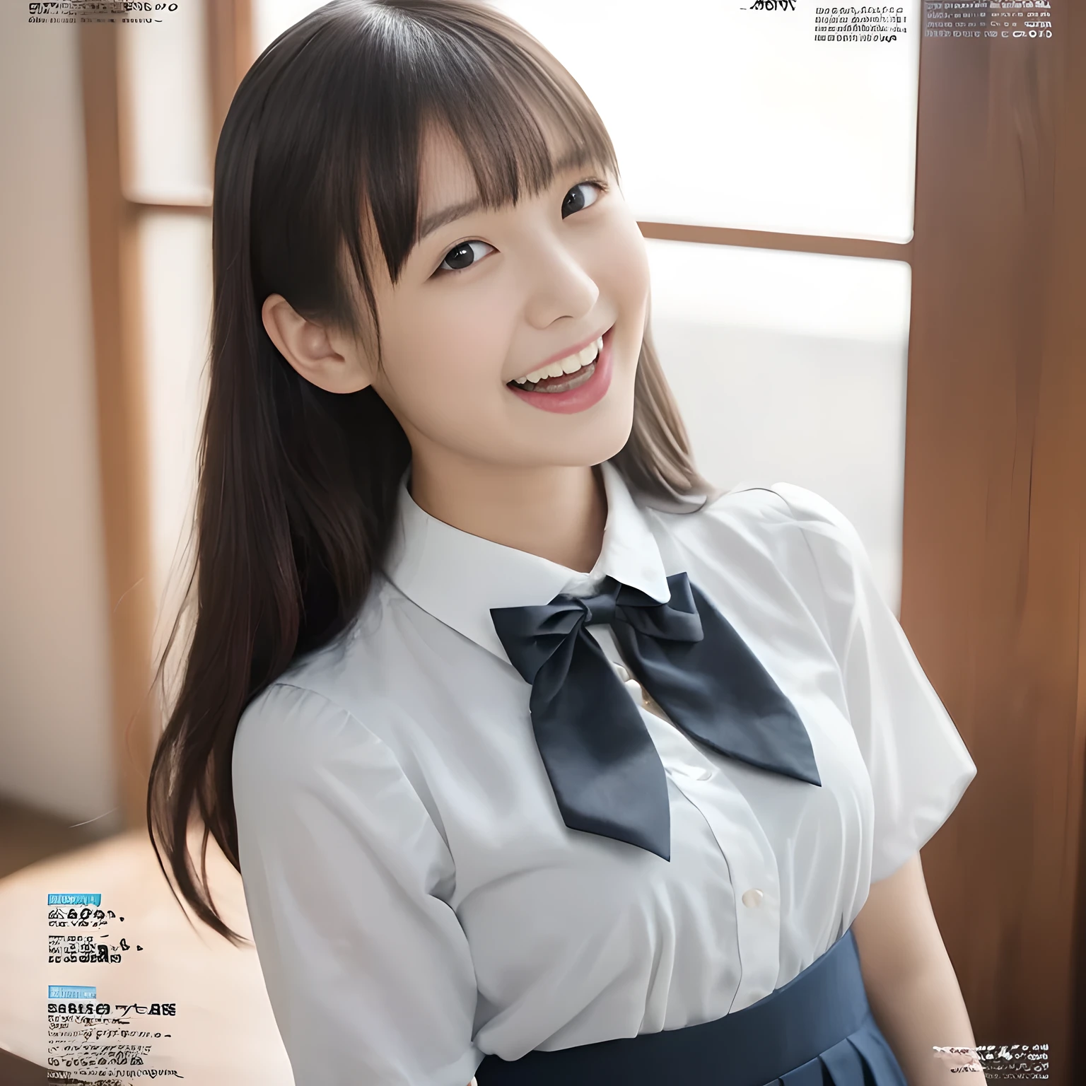 (highest quality、masterpiece:1.2)、highest quality、Realistic、photograph、High resolution、1080p、8K、Fair skin, especially face, Physical Rendering、((Height: 155cm)), one Japanese girl、((((((16 year old beautiful Japanese magazine fashion model looking at the viewer)))))), school summer uniform, (((big very detailed beautiful dark brown eyes))), ((((impressive plain navy large school ribbon bow tie in plain)))), ((((black very beautiful and very very long straight straight hair)))), ((((A light gray box-pleated box-pleated skirt)))), ((A yellow ivory colored blouse with puffed short sleeves and frills)), (((((((laughing cutely and looking at me!))))))), detailed fingers, (((curled blunt bangs))), ((Very large and cute eyes, carefully drawn with great attention to detail)), ((double eyelids)), (((long eyelashes))), ((cute lovely lovely laughing laughing cheeks)), ((Pure white light hits her face from above and in the front, making her skin and eyes shine beautifully.)), ((Strong light hits the nose and cheeks、It brings out the richness of the expression.)), ((The skirt is very cute)), (((((Her facial features are very expressive lovely smile, very very cute, very very intelligent.))))), (((Shooting from the side)))