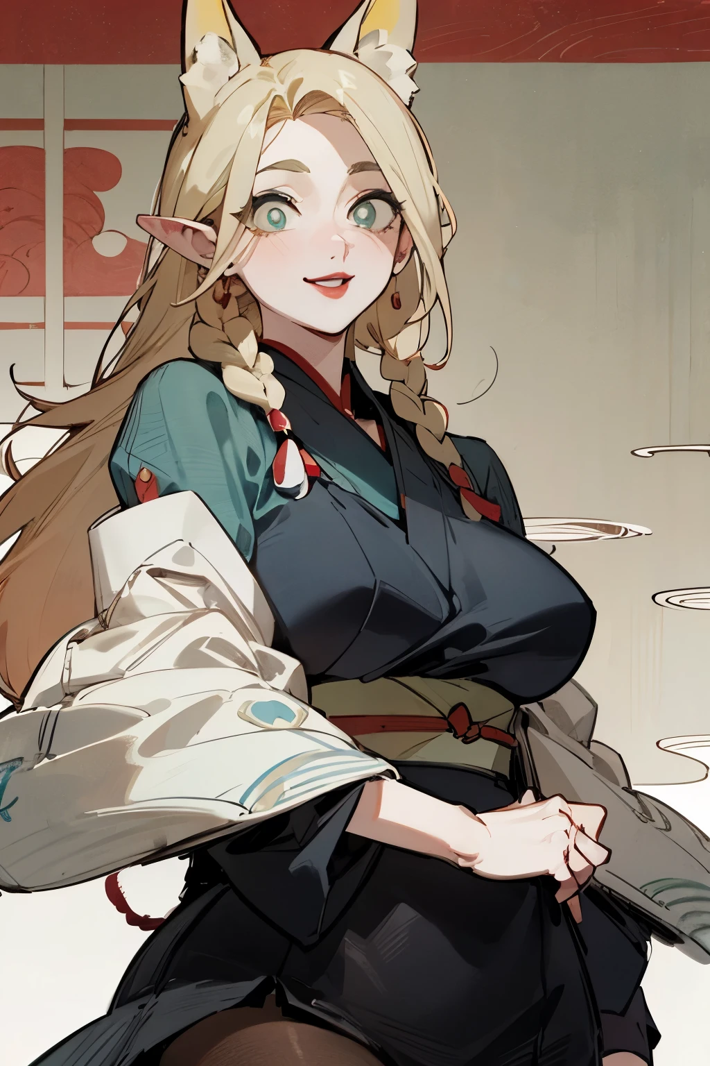 (Fox ears), Exquisite eyes, blond，Facial details,  Red Eyeshadow, red lips,  Fake laugh, Ukiyo-e, masterpiece, high quality, at the lowest limit, Large Breasts，Black pantyhose,solo