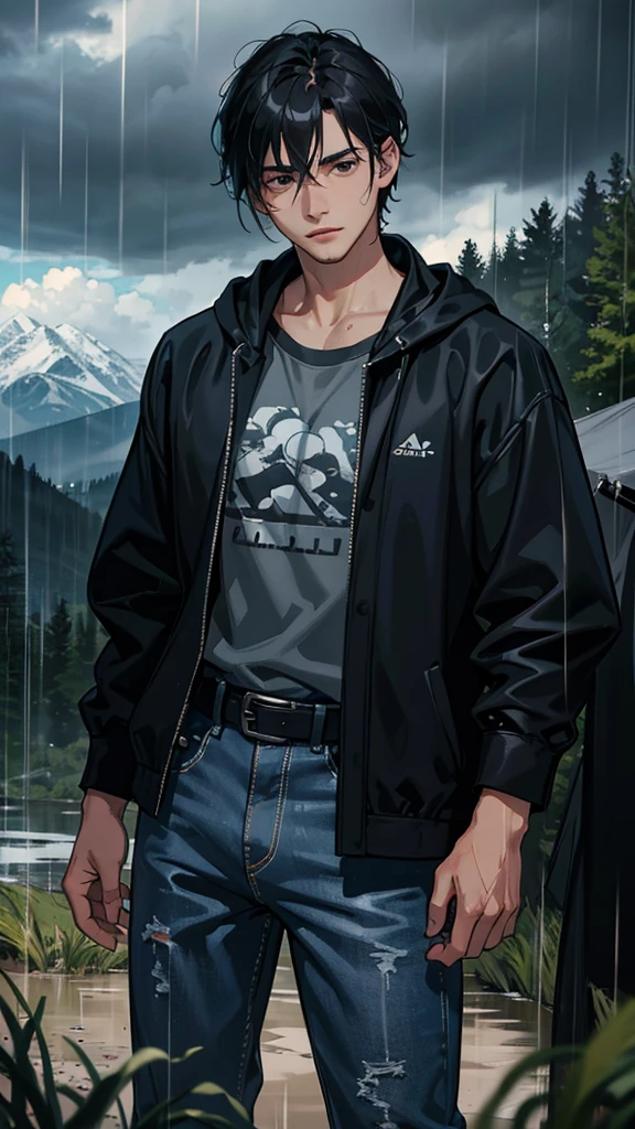 8K, tmasterpiece, Best quality at best, hyper-detailed, realistic, realistic, Highly detailed faces, Film Lighting, Film Lighting, Ray traching, unexposed hair, cloudy sky, grassland and mountain background, Heavy rain and heavy rain, A boy with sasuke style black hair and black eyes, he is wearing a black hooded jacket, blue jeans and a black belt, Clothes soaked by rain, Black exposure, Depth of a field tent, sad face）, Cinema lens lighting
