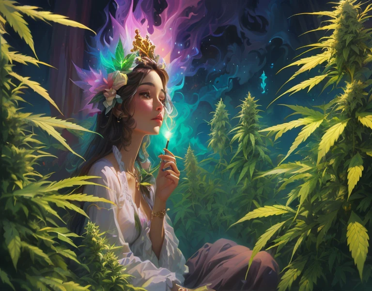 cuadro de una mujer con una corona de flores soplando una flor, personification of marijuana, solo una broma, princesa del cannabis, Organic marijuana paint, smoking a magic bong, Inspirado por Cirilo Rolando, al estilo de cyril rolando, Inspirado por Amanda Sage, colorful digital fantasy art, Rhads y Lois Van Baarle
