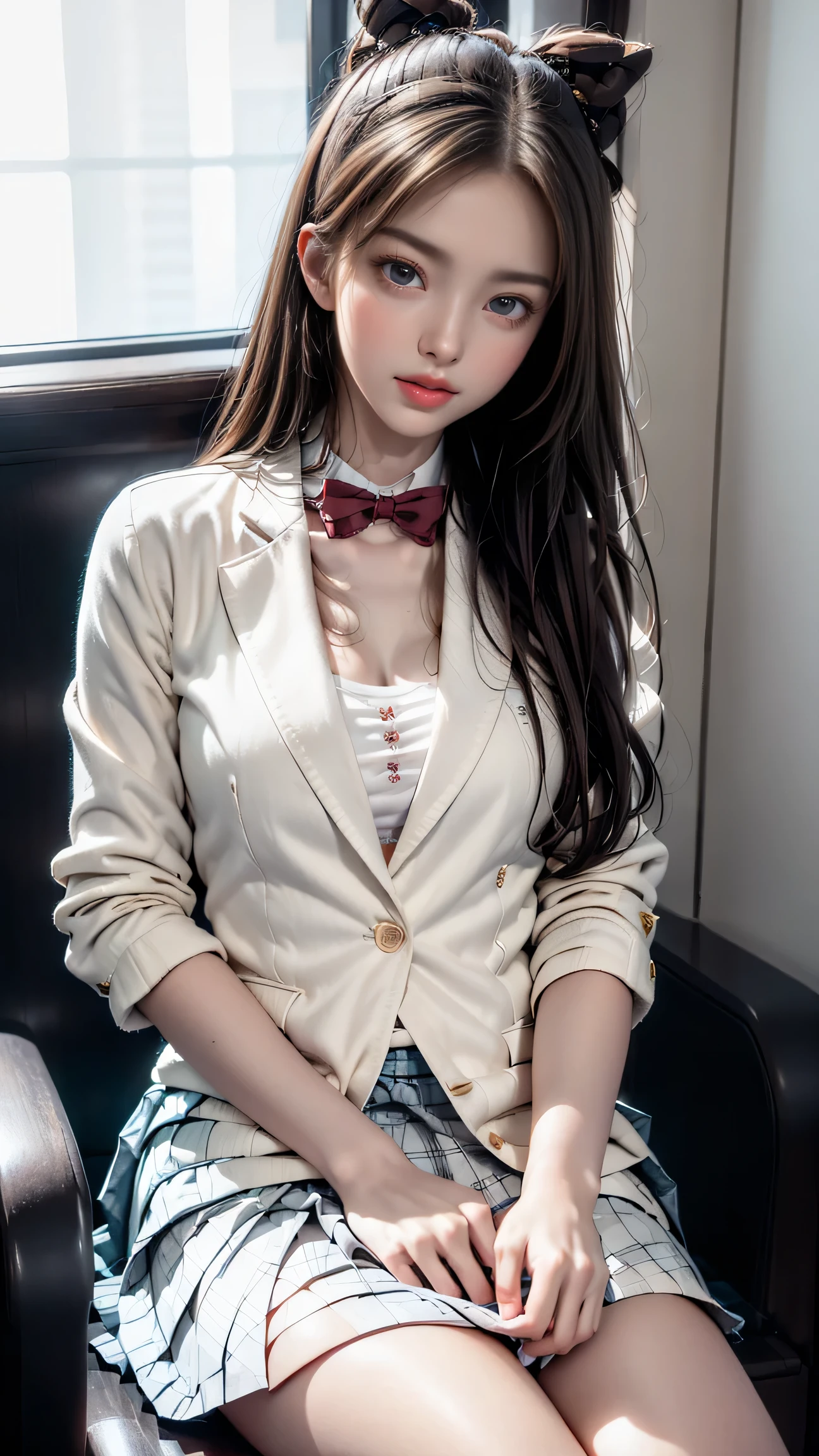 (Girl sitting on train seat)、Top quality work,Actual work,Ultra Premium Graphics,8K HD CG works,High quality graphics,High-definition CG works,10x pixels,Extremely fine detail:1.1,Advanced Technical Details:1.1 Photorealistic,Indoor lighting effects:1.5,Natural light:1.5. Light effects(virtual Light effects:1.8),長いSilver Hair,Silver Hair,Transparent Hair,Hair with attention to detail(Premium Hair Detail:1.1)Clear Eyes,Beautiful double eyelids,Sharp eye makeup, Delicate eyelash makeup, Thin eyebrows, Highly detailed eyes,High nose, Nice red lips, Rose Cheeks, A face with subtle makeup , Cute face, perfectly balanced face,(Advanced Face Detail:1.1),(girl in school uniform),Like a fairy in a painting,Slim sexy legs,A beautiful face is beautiful and delicate,Like a finely carved piece of jade、The waves in my eyes are like twinkling stars,Show the light of patience and wisdom。The bridge of the nose is straight,Cherry lip color, her face is clear,Her skin is as white as jade,Gives a healthy glow,Her makeup is light and subtle.,Not too decorative,A light-toned foundation enhances the clarity of your skin.,Eye makeup: eyeshadow and eyeliner,Make her eyes brighter and more cheerful、Add a touch of glamour and sophistication,(white blazer emblem on chest),(White blouse)、(Red bow tie),(Checked Skirt),(White panties are visible)、Swaying with her movements。Her hair is casually tied back,Fix with hosta,A few strands of hair are swaying gently in the wind,Add a little softness、Charmed everyone'Note、Grace、mystery、full of power,(White panties are visible),(Lift-up skirt)