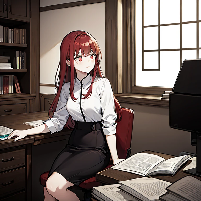 Portrait of a beautiful 18 year old girl, Red hair, Gorgeous Chinese, Wearing cotton, at the door, (Dark private office, Dark melancholy light: 1.2)