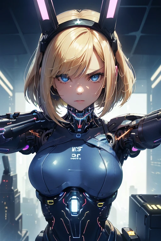 (((n.s.f.w:1.5))),((1girl in:1.5)),((cybernetic body:1.5)),(Highest image quality, excellent details, Ultra-high resolution, (Realism: 1.4), The best illustrations, favor details, One girl highly condensed,(presence:1.5),(Dynamic:1.5),(Bold:1.5)),(Thin hair:1.8),(blonde bob hair:1.5),((blue eye:1.2)),(mechanical bunny ears headband:1.3),the background is a high-tech lighting scene of the futuristic city,