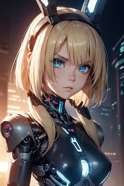 (((n.s.f.w:1.5))),((1girl in:1.5)),((cybernetic body:1.5)),(Highest image quality, excellent details, Ultra-high resolution, (Realism: 1.4), The best illustrations, favor details, One girl highly condensed,(presence:1.5),(Dynamic:1.5),(Bold:1.5)),(Thin hair:1.8),(blonde bob hair:1.5),((blue eye:1.2)),(mechanical bunny ears headband:1.3),the background is a high-tech lighting scene of the futuristic city, 