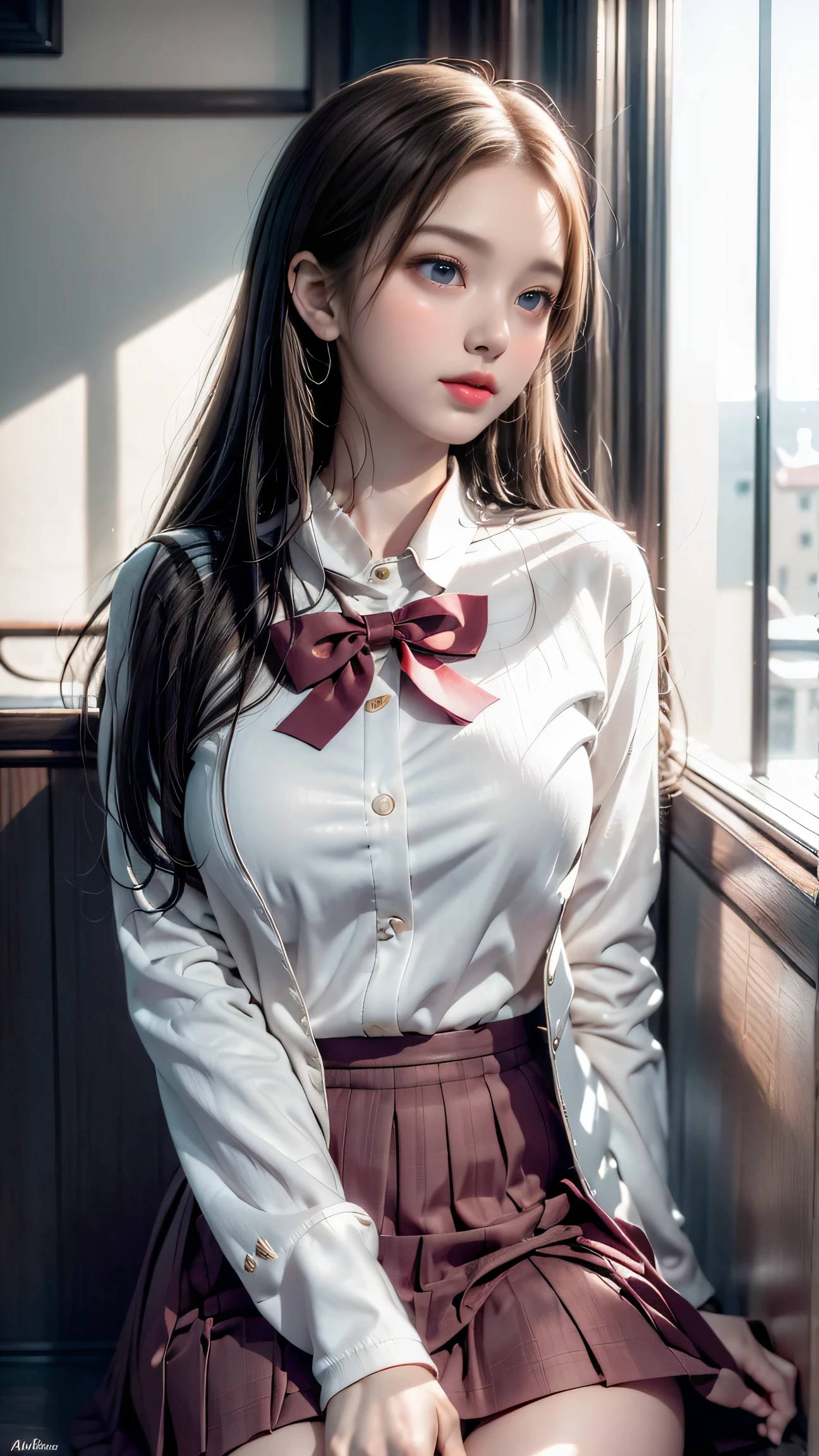 （Girl sitting on train seat)、Top quality work，Actual work，Ultra Premium Graphics，8K HD CG works，High quality graphics，High-definition CG works，10x pixels，Extremely fine detail：1.1，Advanced Technical Details：1.1 Photorealistic，Indoor lighting effects：1.5，Natural light：1.5. Light effects（virtual Light effects：1.8），長いSilver Hair，Silver Hair，Transparent Hair，Hair with attention to detail（Premium Hair Detail：1.1）Clear Eyes，Beautiful double eyelids，Sharp eye makeup, Delicate eyelash makeup, Thin eyebrows, Highly detailed eyes，High nose, Nice red lips, Rose Cheeks, A face with subtle makeup , Cute face, perfectly balanced face,（Advanced Face Detail：1.1），girl in school uniform, See-through，Foggy Room，Like a fairy in a painting，Slim sexy legs，A beautiful face is beautiful and delicate，Like a finely carved piece of jade、The waves in my eyes are like twinkling stars，Show the light of patience and wisdom。The bridge of the nose is straight，Cherry lip color, her face is clear，Her skin is as white as jade，Gives a healthy glow，Her makeup is light and subtle.，Not too decorative，A light-toned foundation enhances the clarity of your skin.，Eye makeup: eyeshadow and eyeliner，Make her eyes brighter and more cheerful、Add a touch of glamour and sophistication，（white blazer emblem on chest）,（White blouse）、（Red bow tie)，(Checked Skirt),(White panties are visible)、Swaying with her movements。Her hair is casually tied back，Fix with hosta，A few strands of hair are swaying gently in the wind，Add a little softness、Charmed everyone&#39;Note、Grace、mystery、full of power,(White panties are visible),(Lift-up skirt)