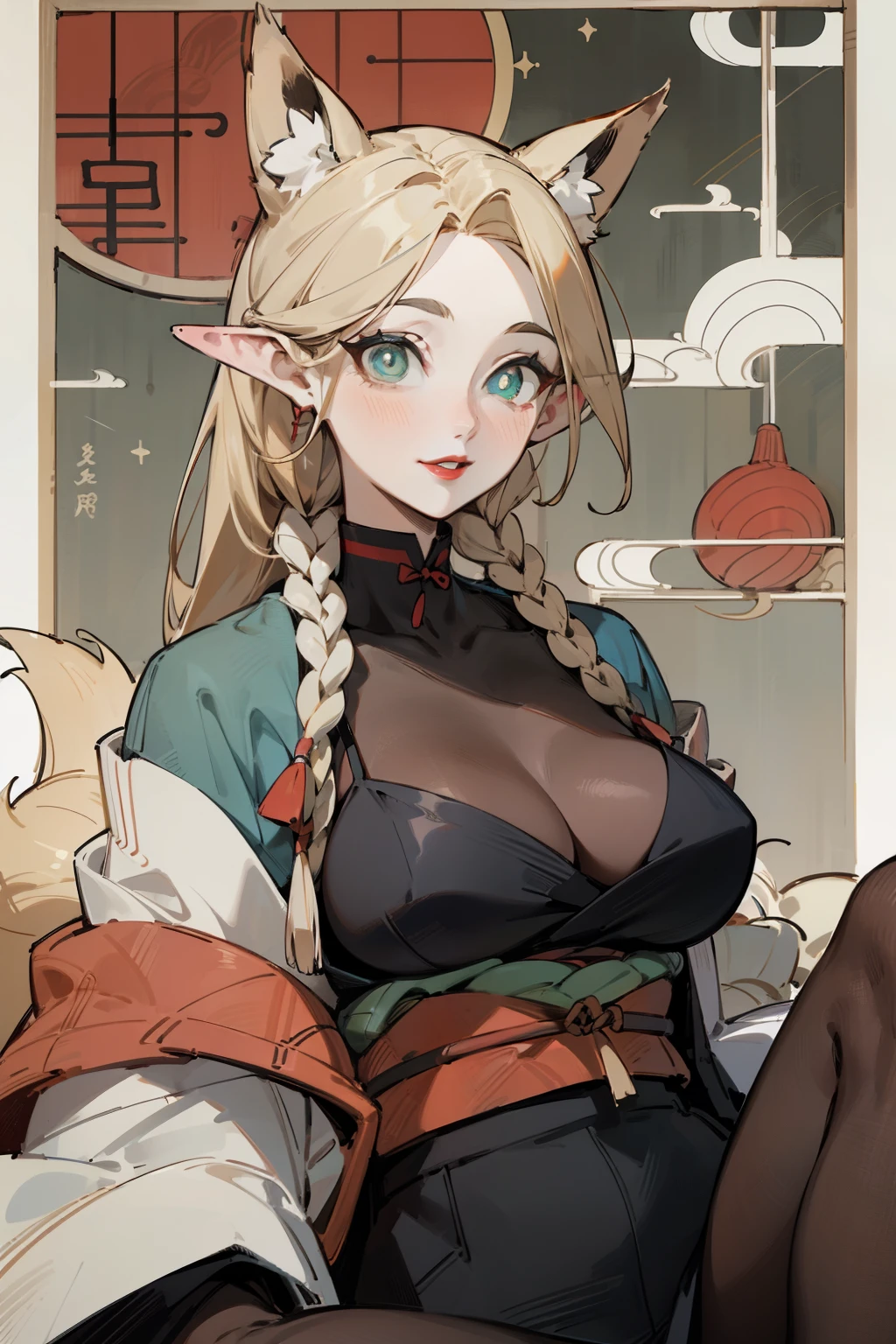 (Fox ears), Exquisite eyes, blond，Facial details, Red Eyeshadow, red lips, Fake laugh, Ukiyo-e, masterpiece, high quality, at the lowest limit, Large Breasts，Black pantyhose,solo