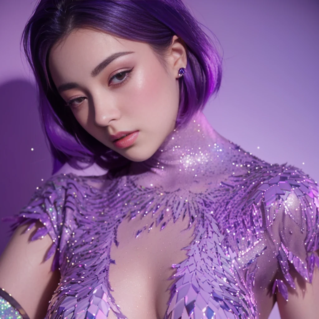 a close up of a woman with purple hair and glitter on her body, ryan glitter concept artist, covered in crystals and glitter, shiny glitter / crystals, arian mark, purple body, glitter gif, doja cat, holographic, bedazzled, charli xcx, glitter, bodypaint, iridescent scales on her body, purple sparkles, violet myers