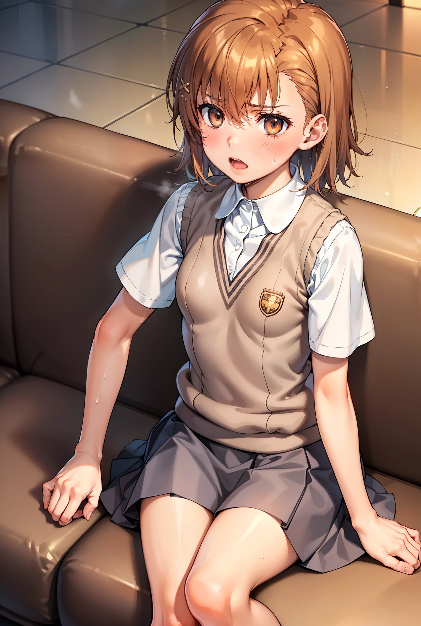 Smooth anime CG art、Focus Only、1 girl、Top view、Upper Body、(((Grey Skirt)))、Sweater vest、Short sleeve、(((Small breasts)))、(((sweat)))、Semi-short hair、(((Sweaty)))、Watery eye、blush、(((Embarrassed look)))、((Open your mouth))、(((Sitting)))、((indoor))、((sofa))