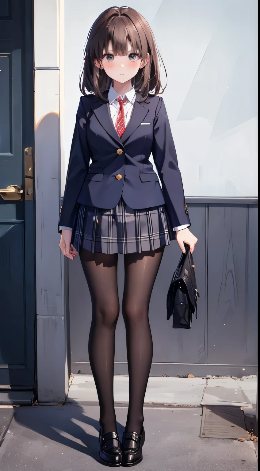 finest, masterpiece, High resolution, (Full body view from head to toe), Composition from slightly below the front, Symmetrical, 18 years old, slim and beautiful girl, alone, (small breasts), (not wearing shoes),Unkempt brown hair, bangs, (black tights), (black pantyhose), tied up with both arms hidden behind the back, , blush, shy big eyes, looking at camera, blazer uniform, plaid pleated skirt、Panties around ankles、Black knee-high socks