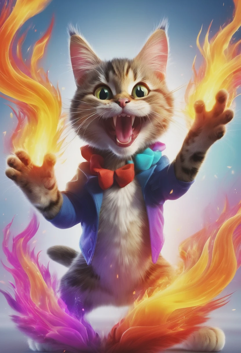 High resolution, masterpiece, 16k, CG, Crazy smiling cat, Colorful flames emerge from both palms.　Red ribbon around the neck