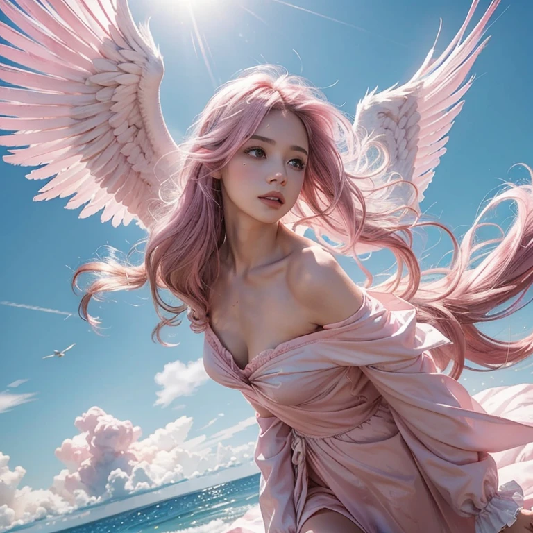 Light pink hair, Pink Eyes, Pink and white,  Vibrant colors, Paint Splash, Wavy long hair,angel, Many feathers fluttering、Large wings from the latissimus dorsi、Above the Clouds ,highest quality, masterpiece, Ultra-high resolution, (Realistic:1.4), RAW Photos, One girl, Off the shoulder, Modest, 