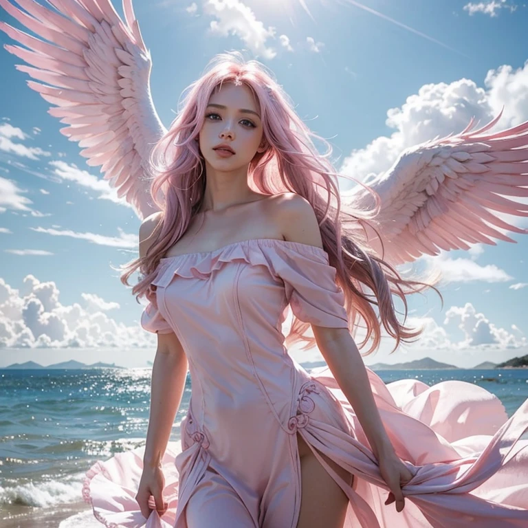 Light pink hair, Pink Eyes, Pink and white,  Vibrant colors, Paint Splash, Wavy long hair,angel, Many feathers fluttering、Large wings from the latissimus dorsi、Above the Clouds ,highest quality, masterpiece, Ultra-high resolution, (Realistic:1.4), RAW Photos, One girl, Off the shoulder, Modest, 