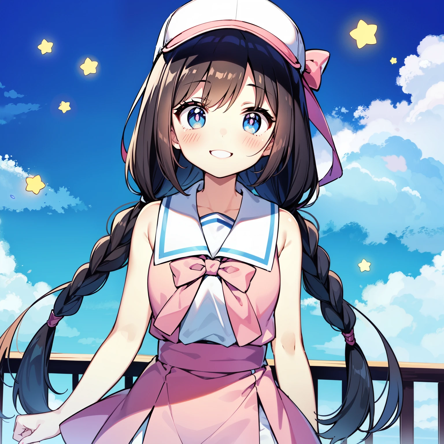 Name: Shinako Takahashi
Hair color: Light brown/Cocoa
Eyes color: sky blue
Blush color: Rosy pink
Outfit types: tennis club japan School
Hair types: Long braids with blue hair bands
Eyes pupils: White glowing star pupils
Personality types: Cheerful, Warmly Smile
Personal color: Deep blue/Blue sky
Blush types: Cute
Approximately height: Medium girl
Height: 158 cm. ( 5.5 f )
Accesories(Head): Deep blue Cap
Highest quality, Top Quality, 8k, Ultrasharp