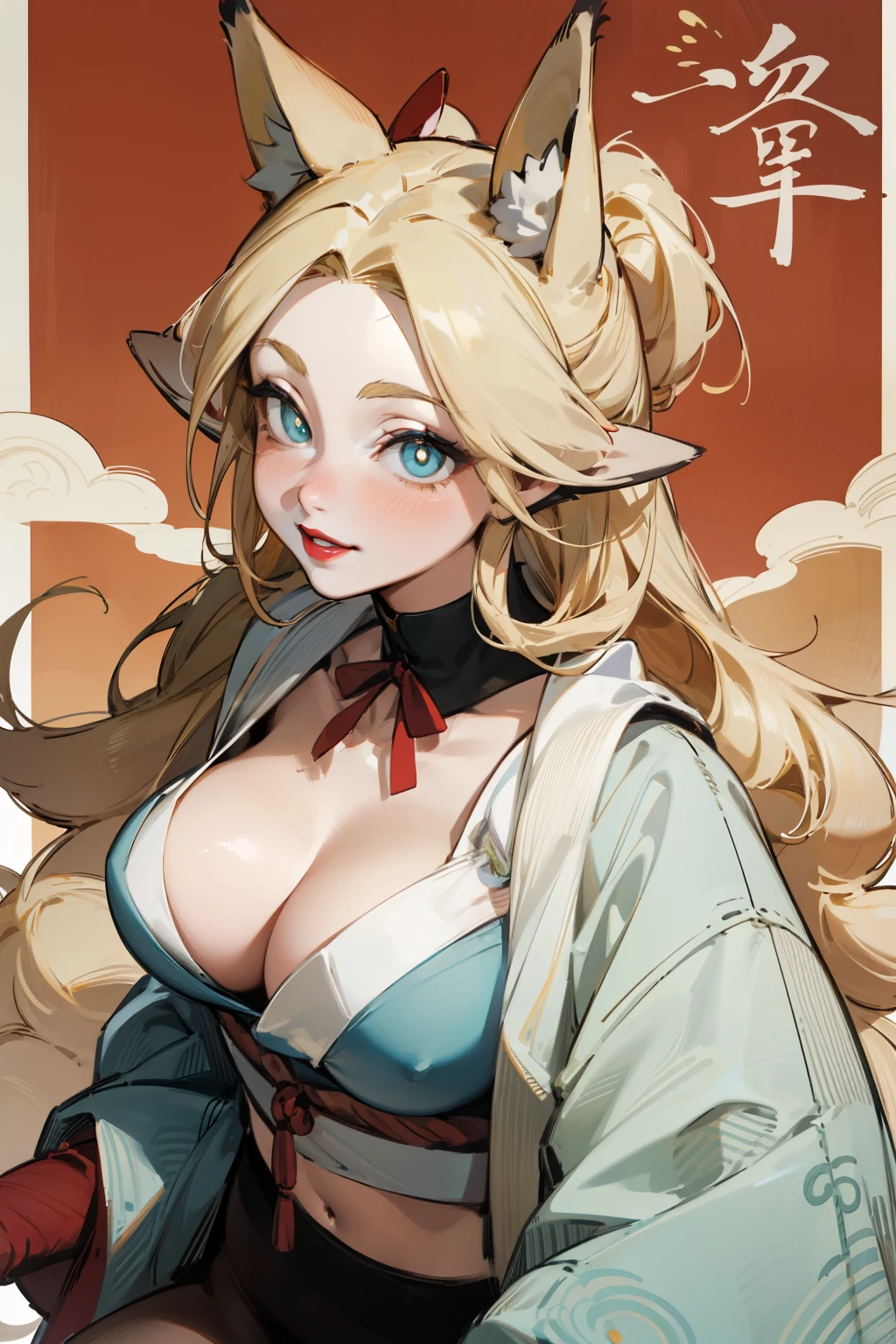 (Fox ears), Exquisite eyes, blond,Facial details, Red Eyeshadow, red lips, Fake laugh, Ukiyo-e, masterpiece, high quality, at the lowest limit, Large Breasts,Black pantyhose,solo