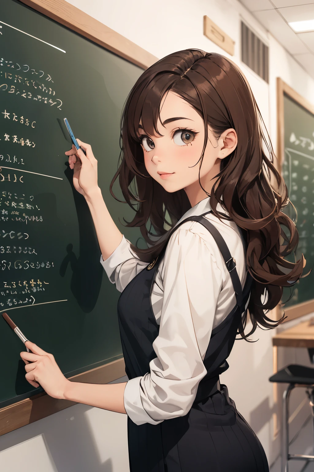 girl with brown wavy hair writing numbers on the blackboard