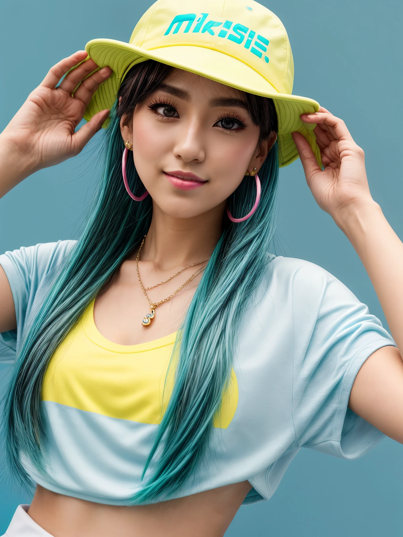 skistyle, miku hatsune, masterpiece, best quality, 1girl, blush, aqua eyes, cap, closed mouth, earrings, hat, hoop earrings, jewelry, looking at viewer, shirt, simple background, solo, upper body, yellow shirt