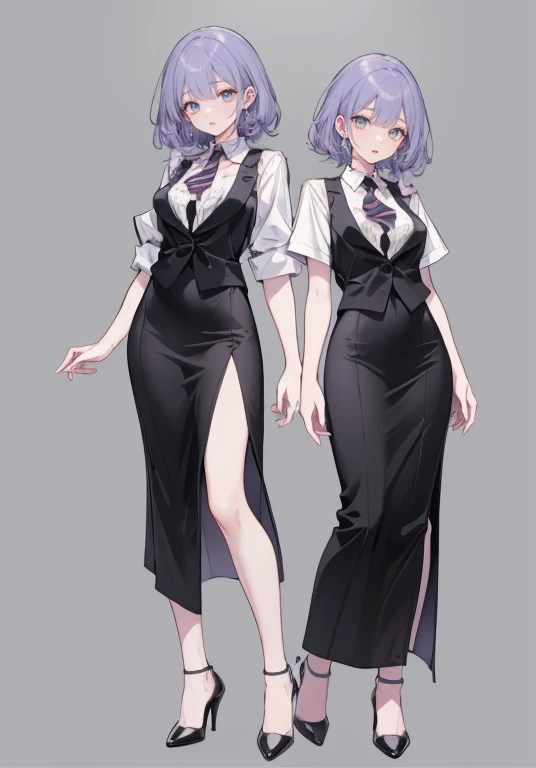 ((Perfect Face)),Purple Hair,High Layer Cut,Adult female,bartender,suit,Black vest,((A shirt with rolled up sleeves)),tie,skirt,slit,High heels,,((Simple Background)),smile,((Full Body)),((full body)),Character portrait,virtual,upright,,Both arms are down,Standing upright,