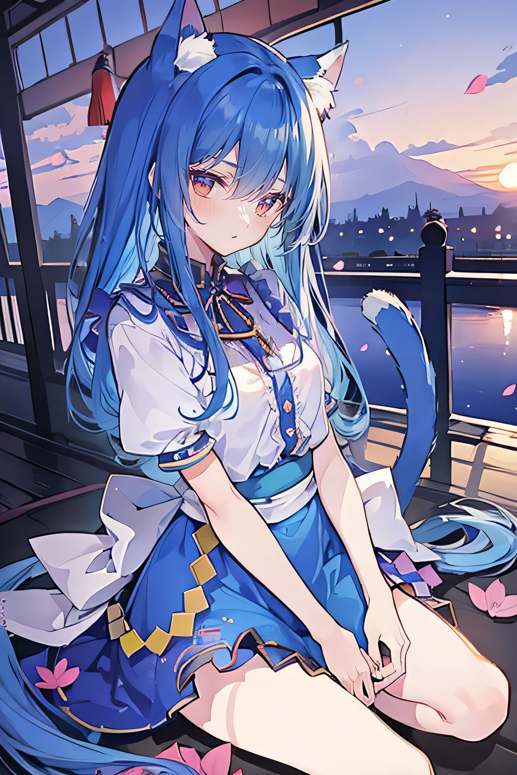 (masterpiece:1.2),Super detailed,Practical,expressive eyes,Fair skin,Perfect face shaping,1 Girl,
Japanese cartoons,Gorgeous blue hair, the long flowing blue hair,Floating clothes,Cat ears,Petals falling,beautiful lola,Young Angel,
Hands on waist,sit elegantly on the ground,Cross your legs,Gentle and peaceful background,Cool and cozy pavilion,Sunset,