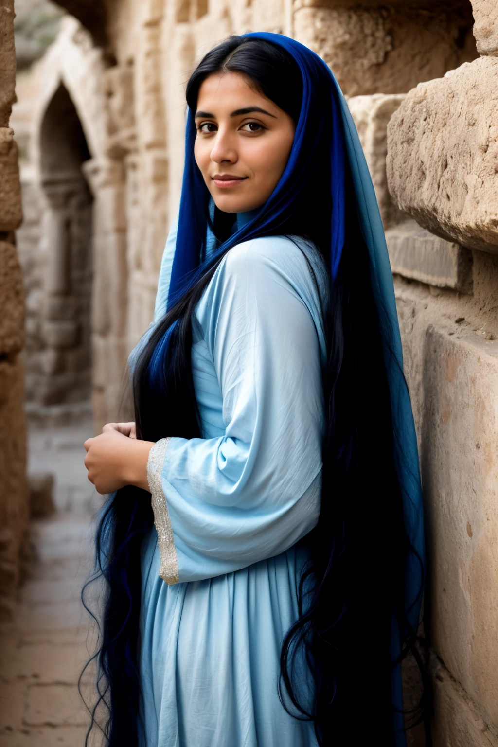woman from anciant times, middle east, dark long hair, middle age, blue hair covering,  anciant Israel