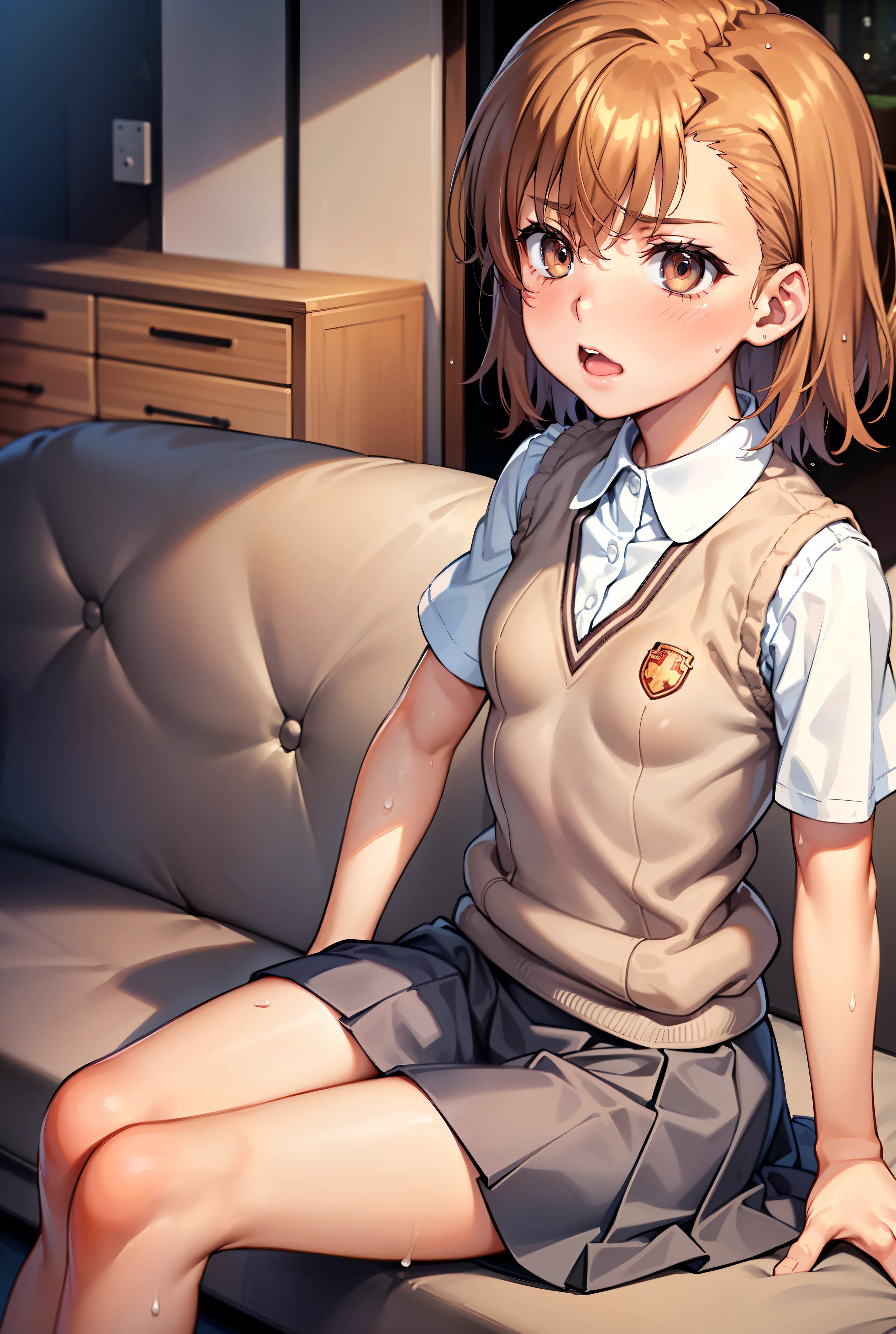 Smooth anime CG art、Focus Only、1 girl、Top view、Upper Body、(((Grey Skirt)))、Sweater vest、Short sleeve、(((Small breasts)))、(((sweat)))、Semi-short hair、(((Sweaty)))、Watery eye、blush、(((Embarrassed look)))、((Open your mouth))、(((Sitting)))、((indoor))、((sofa))