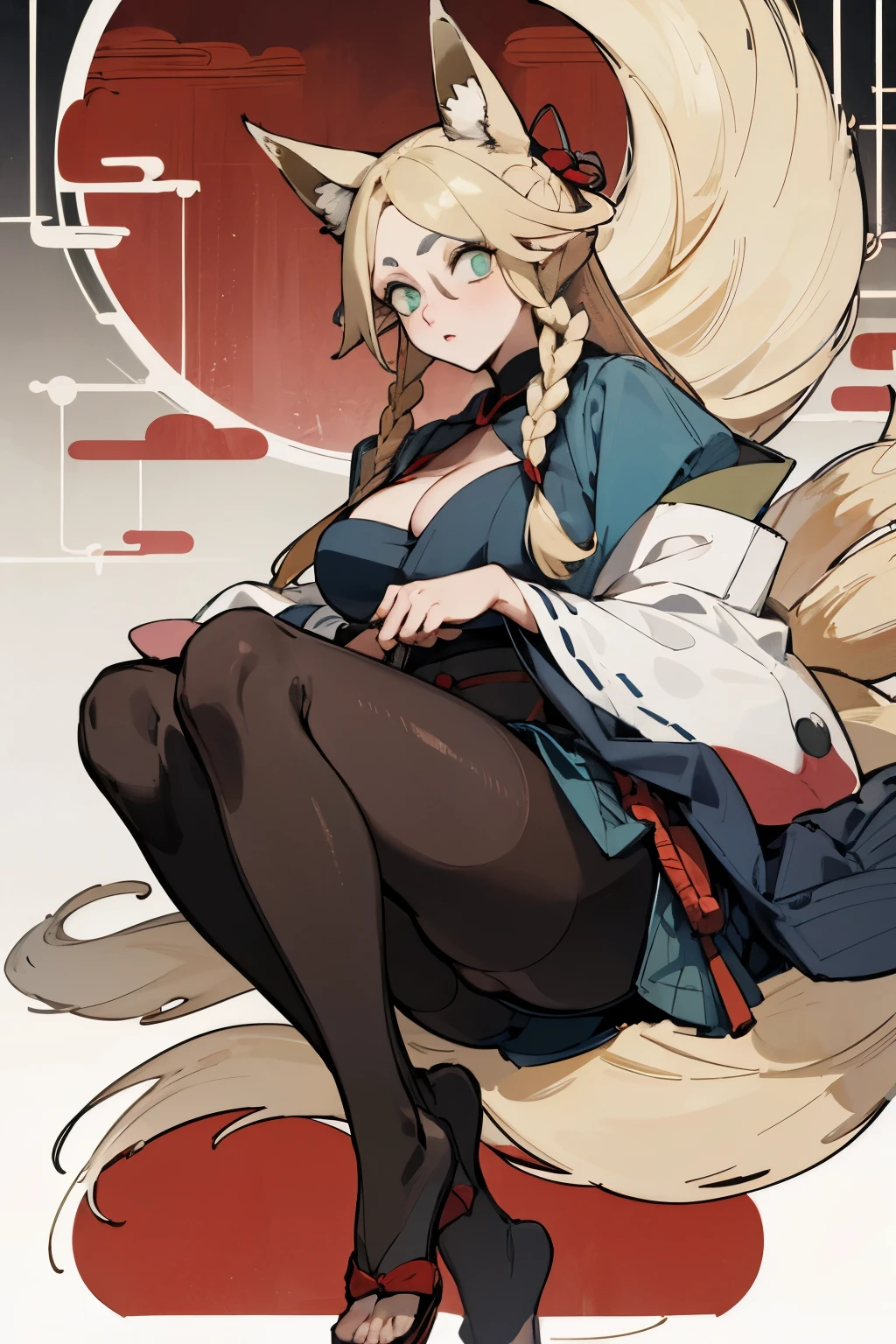(Fox ears), Exquisite eyes, blond,Facial details, Red Eyeshadow, Ukiyo-e, masterpiece, high quality, at the lowest limit, Large Breasts,Black pantyhose,solo