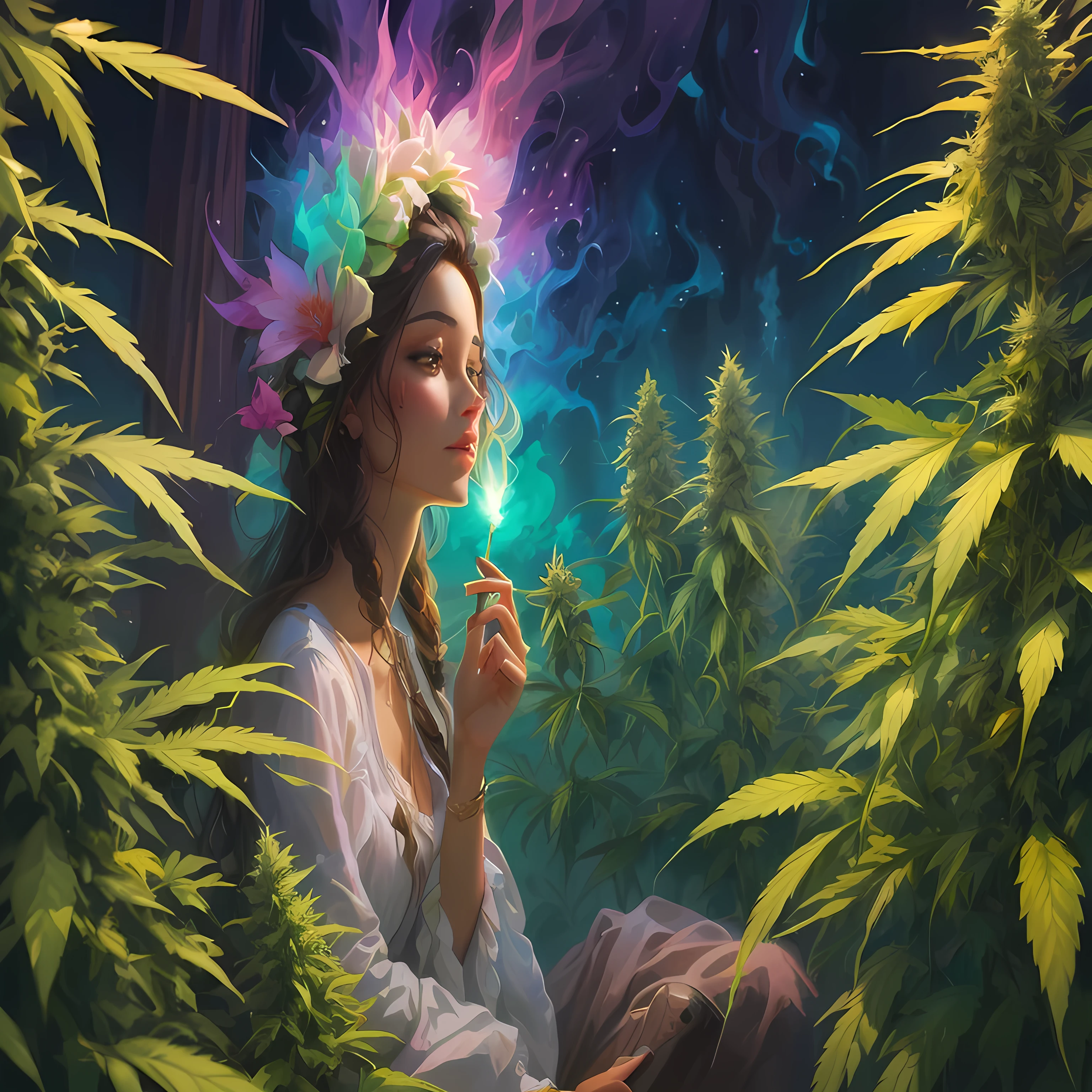 cuadro de una mujer con una corona de flores soplando una flor, personification of marijuana, solo una broma, princesa del cannabis, Organic ????????? paint, smoking a magic bong, Inspirado por Cirilo Rolando, al estilo de cyril rolando, Inspirado por Amanda Sage, colorful digital fantasy art, Rhads y Lois Van Baarle