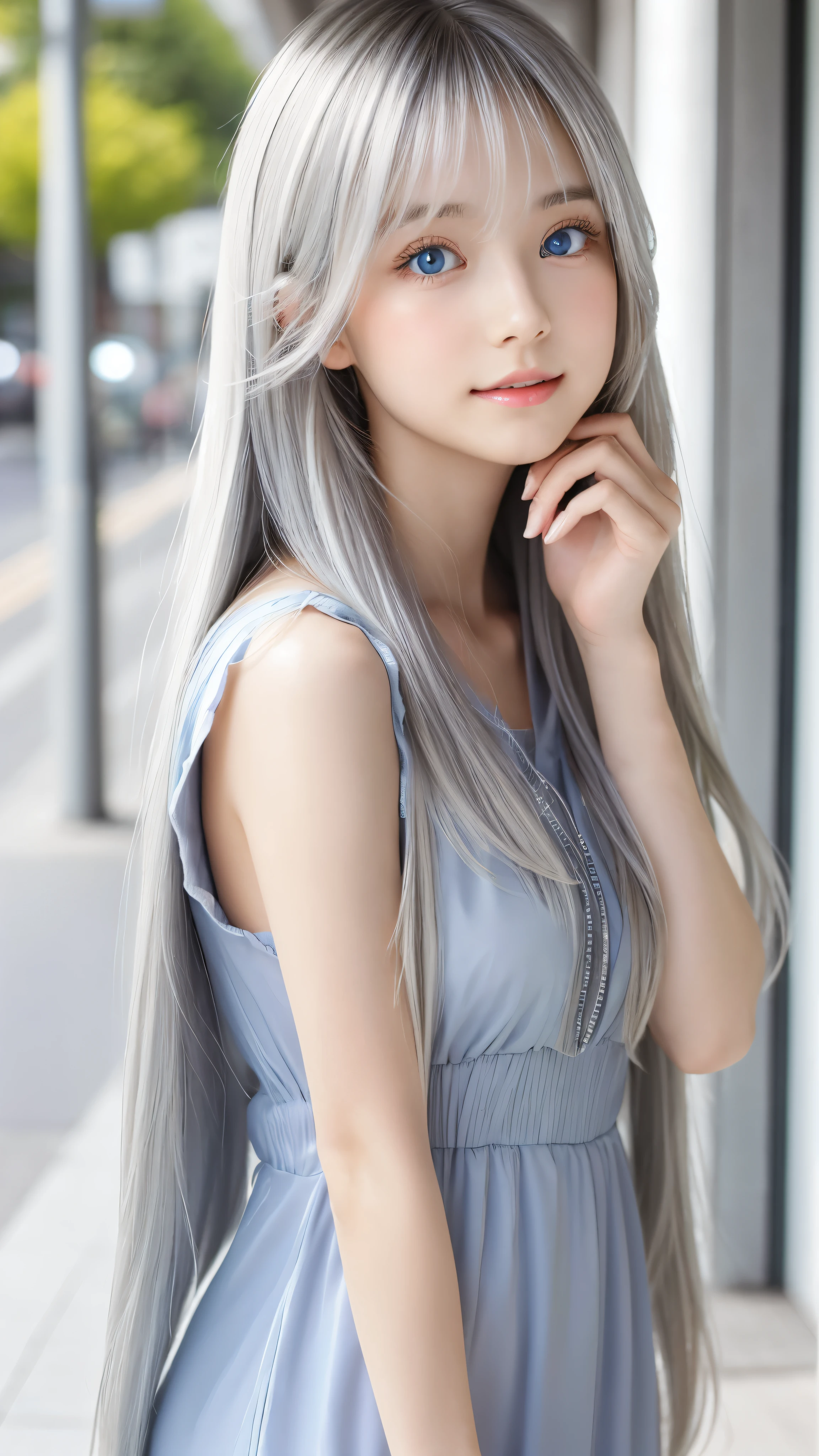 Shining, clear, white skin、Her windblown silver hair hides her beautiful face.、huge、28 years old cute sexy little beautiful face、Beautiful straight hair that stands out、growing up, Sparkling light blue eyes、long silky bangs that cover cute eyes, Sexy and cute young woman with super long hair hiding her sexy face、shining silver hair