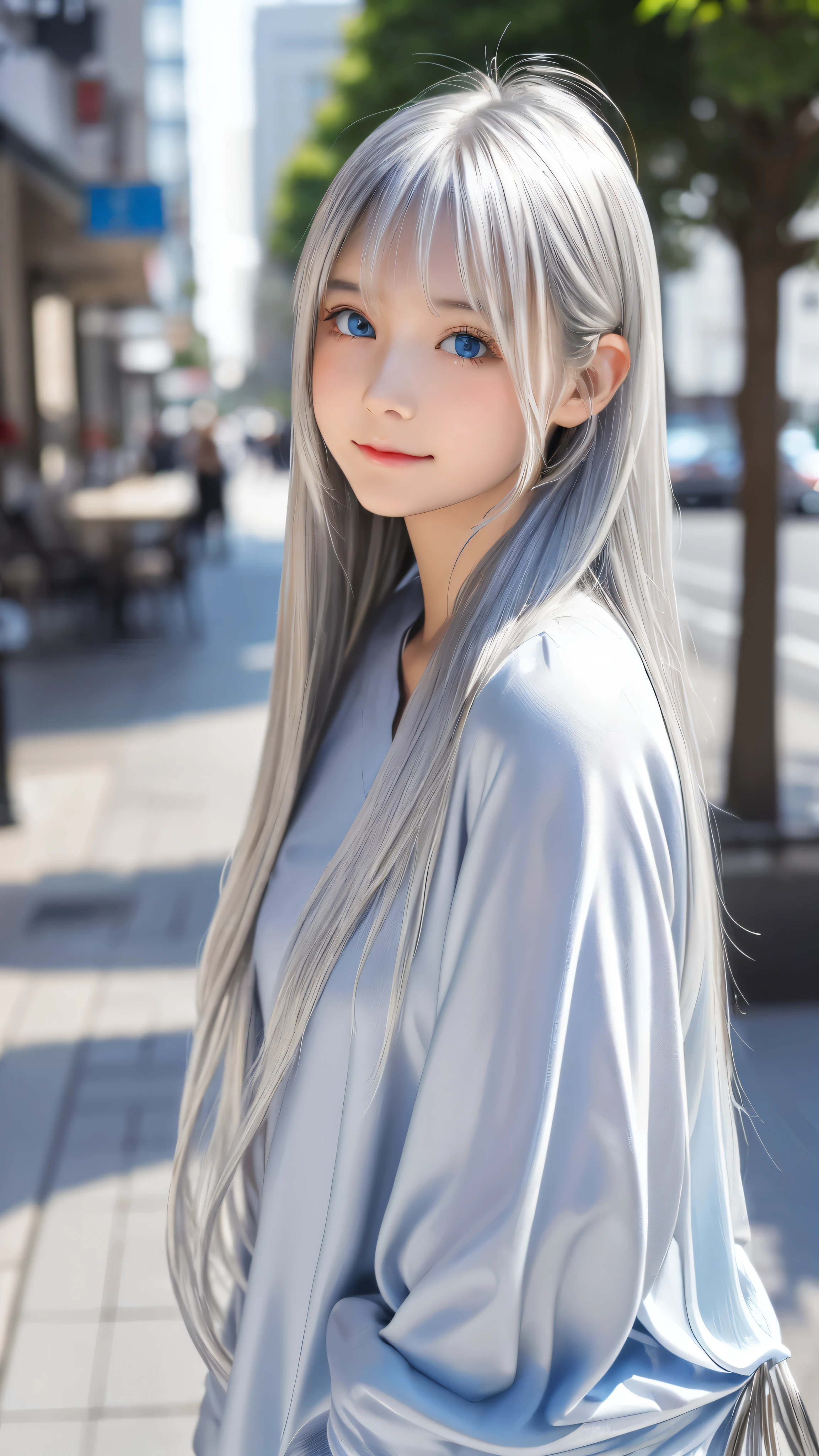 Shining, clear, white skin、Her windblown silver hair hides her beautiful face.、huge、28 years old cute sexy little beautiful face、Beautiful straight hair that stands out、growing up, Sparkling light blue eyes、long silky bangs that cover cute eyes, Sexy and cute young woman with super long hair hiding her sexy face、shining silver hair